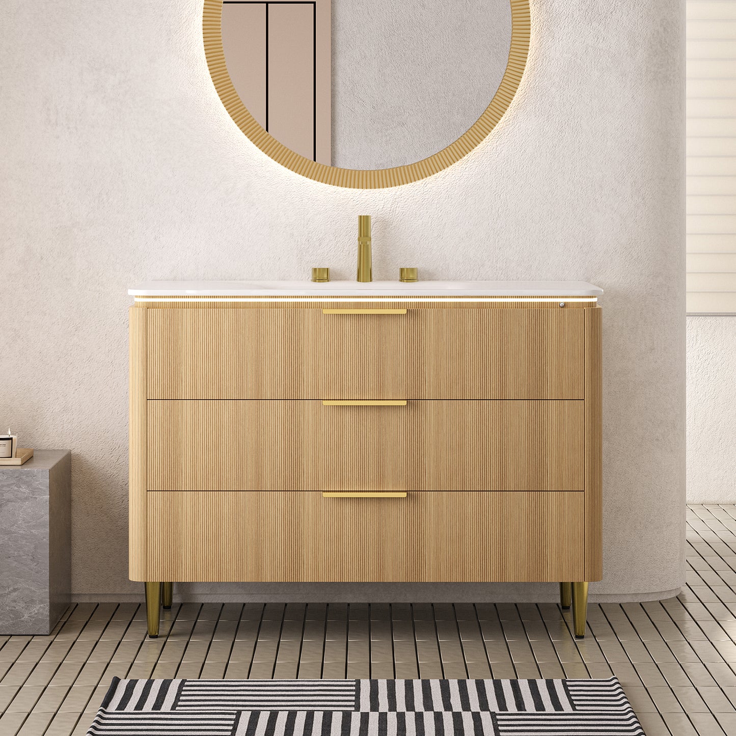 AMARA 36'' Bathroom Vanity&Sink, Freestanding Curved Edges Ultra-Slim Grille Plywood Storage Cabinet, 3 Drawers, Carrara White Sintered Stone Integrated Basin