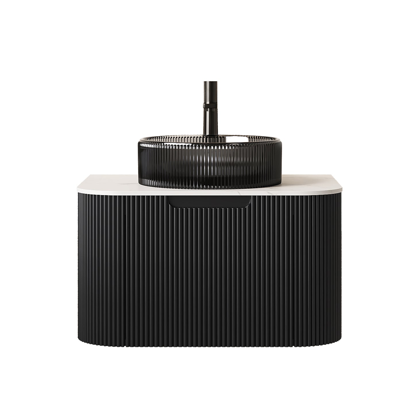 DINA 24" Bathroom Vanity with Sink, Wall-Mounted Curved Edges Striped Storage Cabinet with Drawer, Transparent Black Round Glass Basin and Countertop, Pre-assembled, Black Color