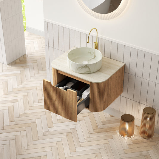 DINA 24" Bathroom Vanity&Sink, Floating Curved Edges Striped Cabinet with Drawer, Round Ceramic Basin with Stone Pattern&Travertine-Pattern Sintered Stone Top, Pre-assembled, Natural Woodgrain Color