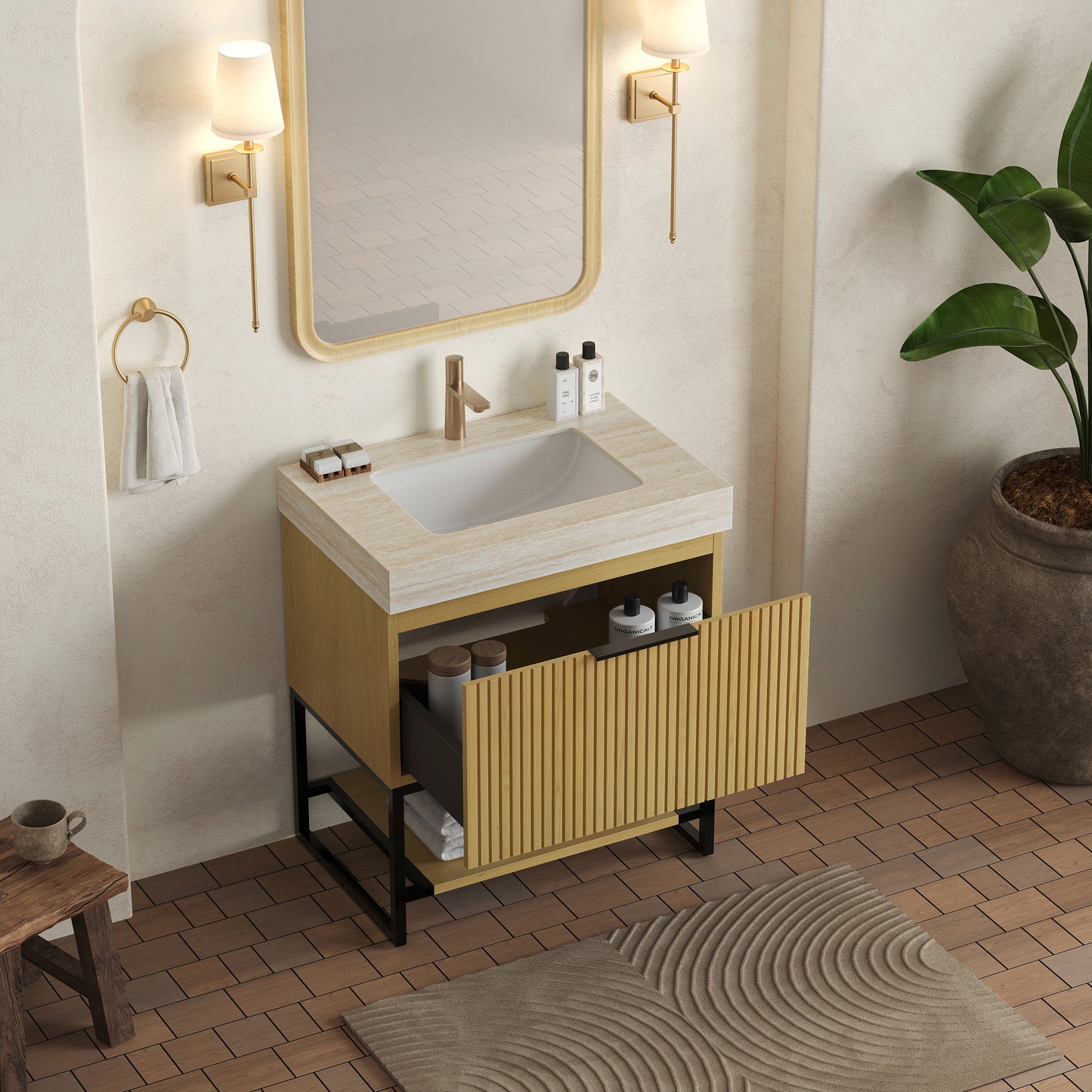 YOLAN 30" Bathroom Vanity&Sink, Freestanding Striped Plywood Storage Cabinet with Drawer&Open Shelf, Roma Travertine Sintered Stone Top&Undermount Ceramic Basin, Pre-assembled, Dark Walnut Woodgrain