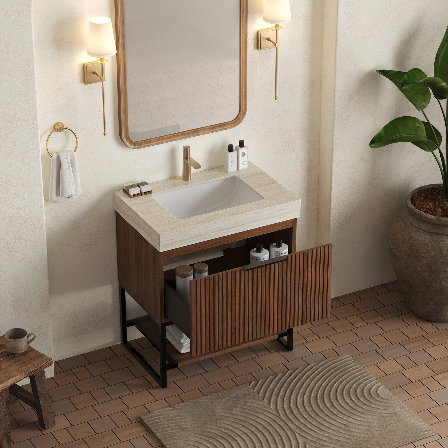 YOLAN 30" Bathroom Vanity&Sink, Freestanding Striped Plywood Storage Cabinet with Drawer&Open Shelf, Roma Travertine Sintered Stone Top&Undermount Ceramic Basin, Pre-assembled, Dark Walnut Woodgrain