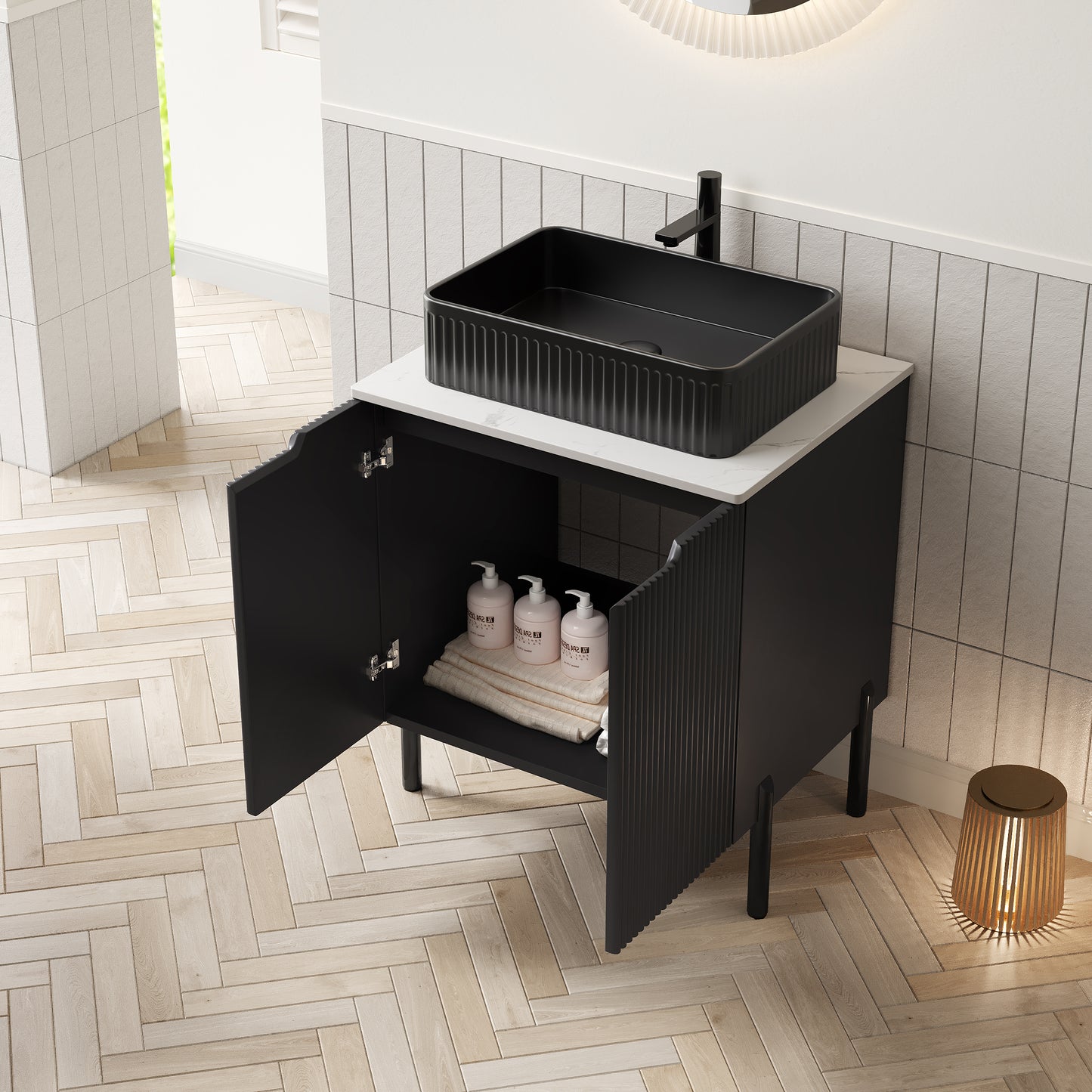 TURIO 24" Bathroom Vanity with Sink, Freestanding Bathroom Storage Cabinet with 2 Doors, Transparent Black Round Glass Basin and Carrara White Sintered Stone Countertop, No Faucet, Black Color