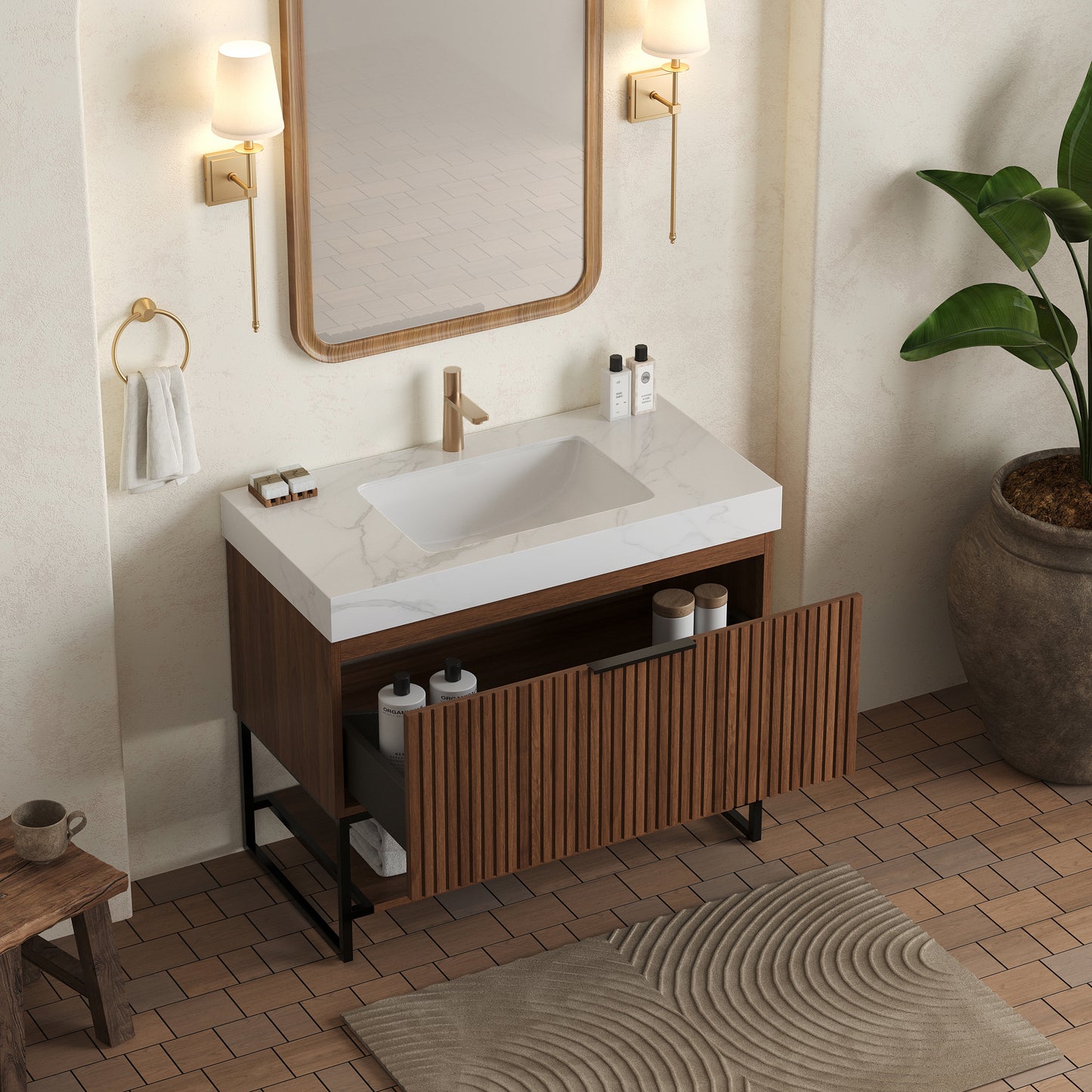 YOLAN 36" Badezimmer-Waschtisch und Waschbecken, freistehender gestreifter Sperrholz-Aufbewahrungsschrank mit Schublade und offenem Regal, Carrara-Weiß,