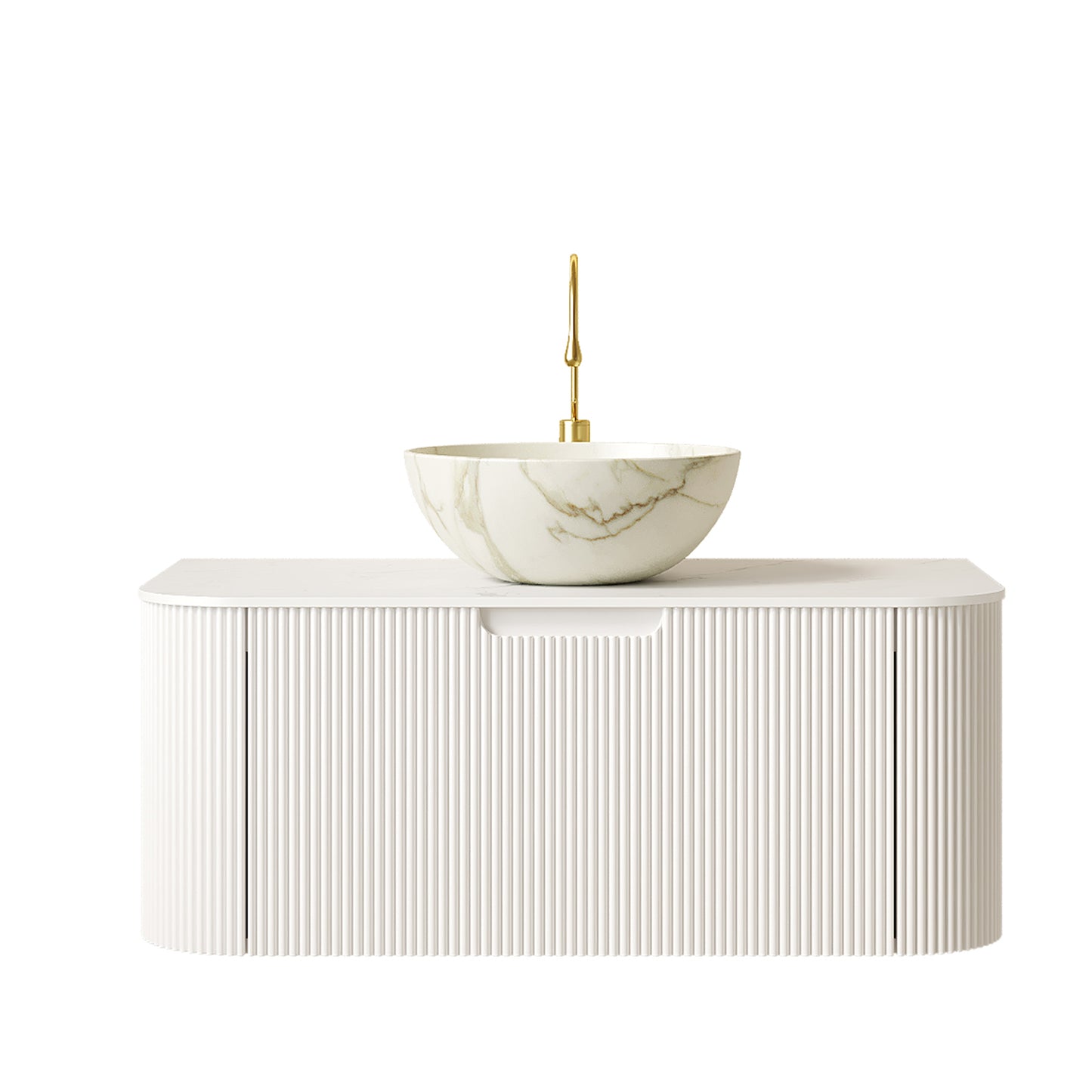 DINA 24" Bathroom Vanity&Sink, Floating Curved Edges Striped Storage Cabinet with Drawer, Matte Stone White Bowl Ceramic Basin&Carrara White Sintered Stone Top, Pre-assembled, White Color