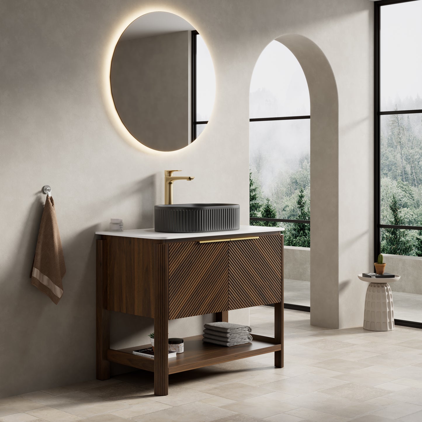 INDIGO 36" Bathroom Vanity&Sink, Freestanding Plywood Storage Cabinet with 2 Diagonal Striped Doors&Open Shelf, Black Striped Oval Ceramic Basin&Carrara White Sintered Stone Top, Dark Walnut Woodgrain