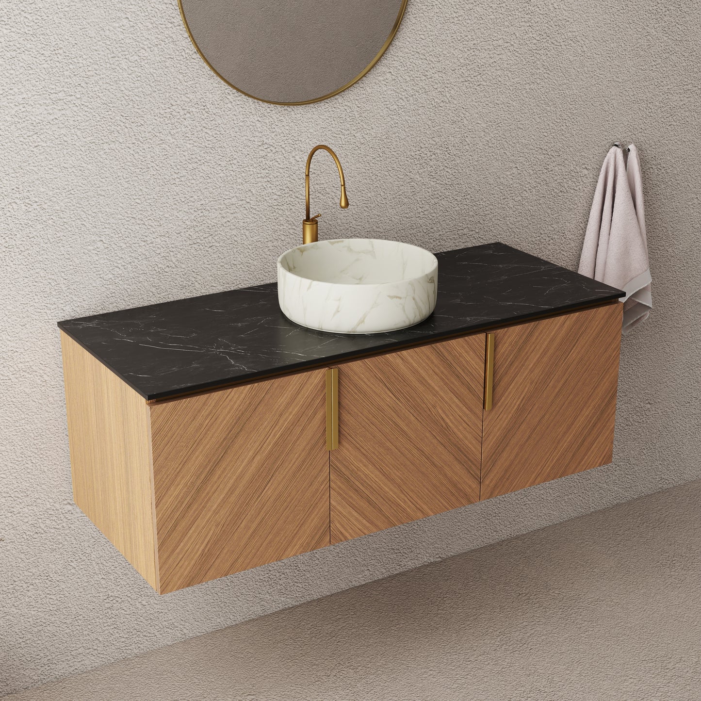 ARAI 36" Bathroom Vanity&Sink, Wall-Mounted Plywood Bathroom Storage Cabinet with Double Doors, Black Sintered Stone Countertop&White Round Ceramic Basin with Stone Pattern, Brown Oak Woodgrain Color