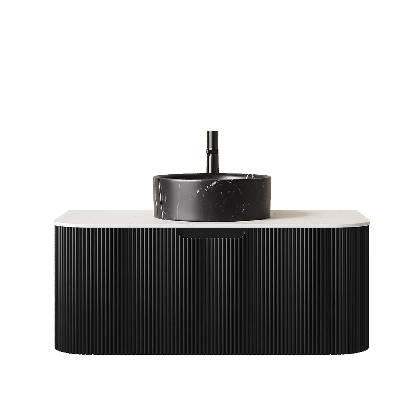 DINA 60" Bathroom Vanity&Sinks, Floating Curved Edges Striped Storage Cabinet with 2 Drawers, 2 Stone Black Round Ceramic Basins&Carrara White Sintered Stone Top, Pre-assembled, Black Color