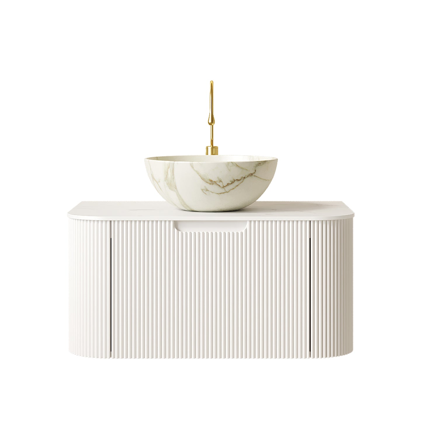 DINA 24" Bathroom Vanity&Sink, Floating Curved Edges Striped Storage Cabinet with Drawer, Matte Stone White Bowl Ceramic Basin&Carrara White Sintered Stone Top, Pre-assembled, White Color