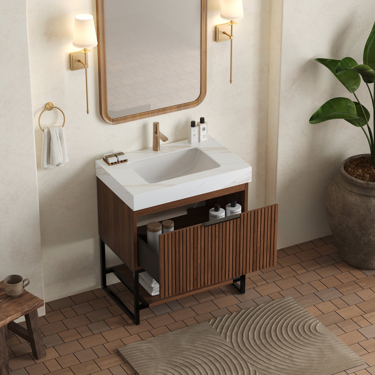 YOLAN 30" Bathroom Vanity&Sink, Freestanding Striped Plywood Storage Cabinet with Drawer&Open Shelf, Roma Travertine Sintered Stone Top&Undermount Ceramic Basin, Pre-assembled, Dark Walnut Woodgrain