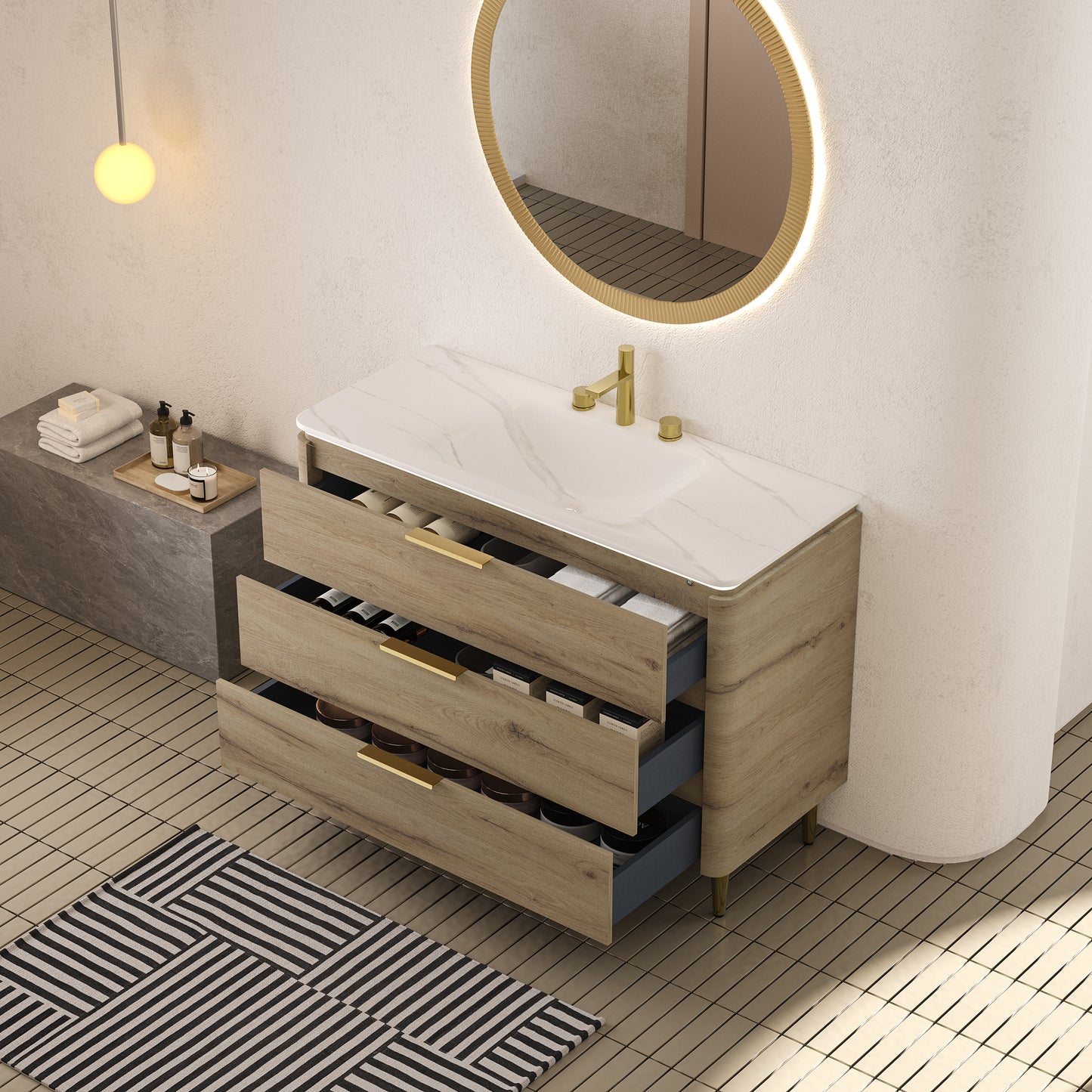 AMARA 36'' Bathroom Vanity with Sink, Freestanding Curved Edges Plywood Bathroom Storage Cabinet with 3 Drawers, Carrara White Sintered Stone Integrated Basin,