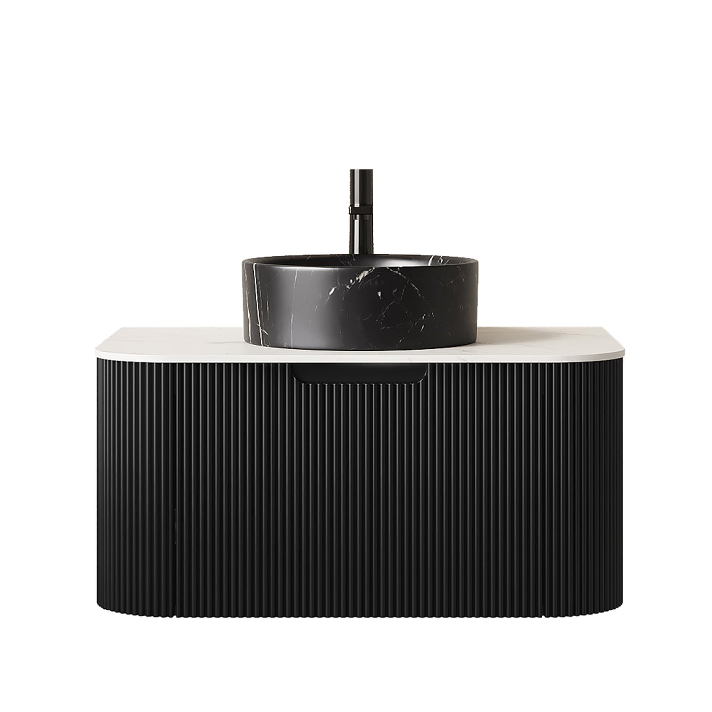 DINA 60" Bathroom Vanity&Sinks, Floating Curved Edges Striped Storage Cabinet with 2 Drawers, 2 Stone Black Round Ceramic Basins&Carrara White Sintered Stone Top, Pre-assembled, Black Color