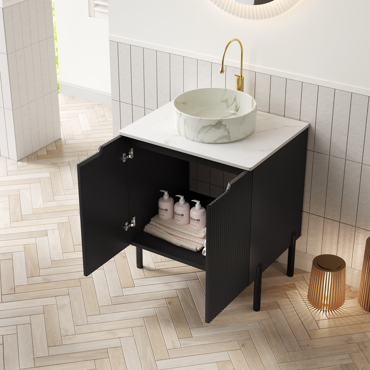 TURIO 24" Bathroom Vanity with Sink, Freestanding Bathroom Storage Cabinet with 2 Doors, Transparent Black Round Glass Basin and Carrara White Sintered Stone Countertop, No Faucet, Black Color