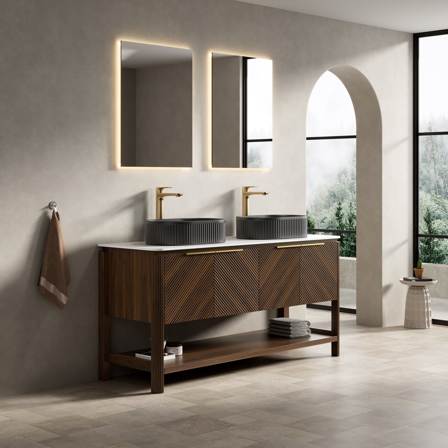 INDIGO 36" Bathroom Vanity&Sink, Freestanding Plywood Storage Cabinet with 2 Diagonal Striped Doors&Open Shelf, Black Striped Oval Ceramic Basin&Carrara White Sintered Stone Top, Dark Walnut Woodgrain