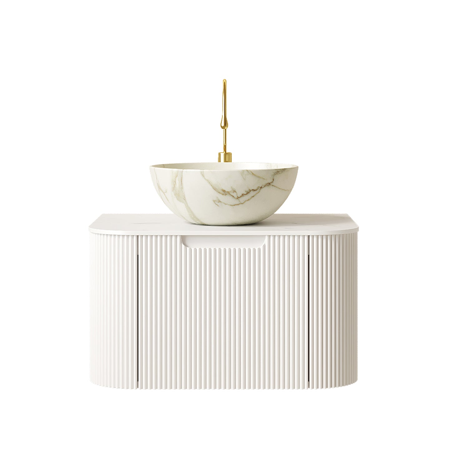 DINA 24" Bathroom Vanity&Sink, Floating Curved Edges Striped Storage Cabinet with Drawer, Matte Stone White Bowl Ceramic Basin&Carrara White Sintered Stone Top, Pre-assembled, White Color