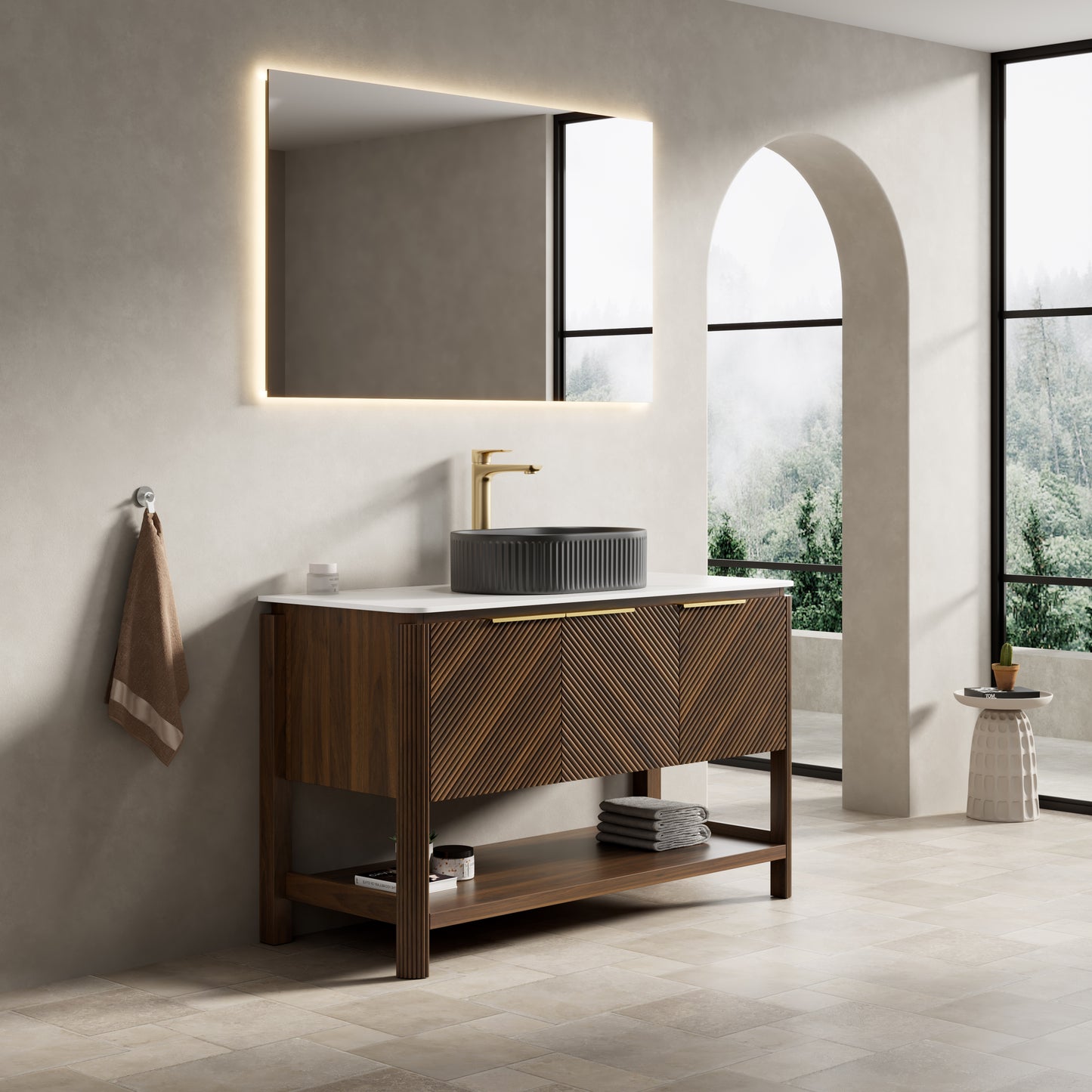 INDIGO 36" Bathroom Vanity&Sink, Freestanding Plywood Storage Cabinet with 2 Diagonal Striped Doors&Open Shelf, Black Striped Oval Ceramic Basin&Carrara White Sintered Stone Top, Dark Walnut Woodgrain