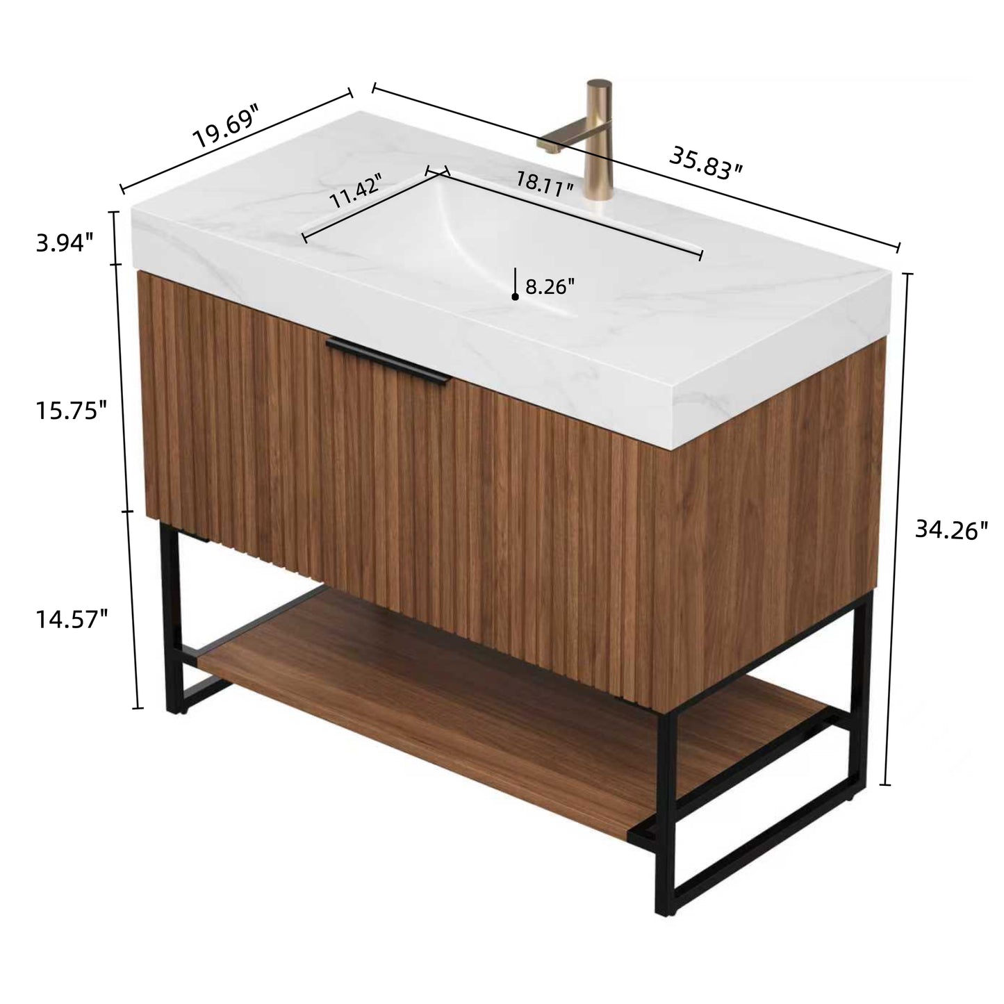 YOLAN 36" Badezimmer-Waschtisch und Waschbecken, freistehender gestreifter Sperrholz-Aufbewahrungsschrank mit Schublade und offenem Regal, Carrara-Weiß,