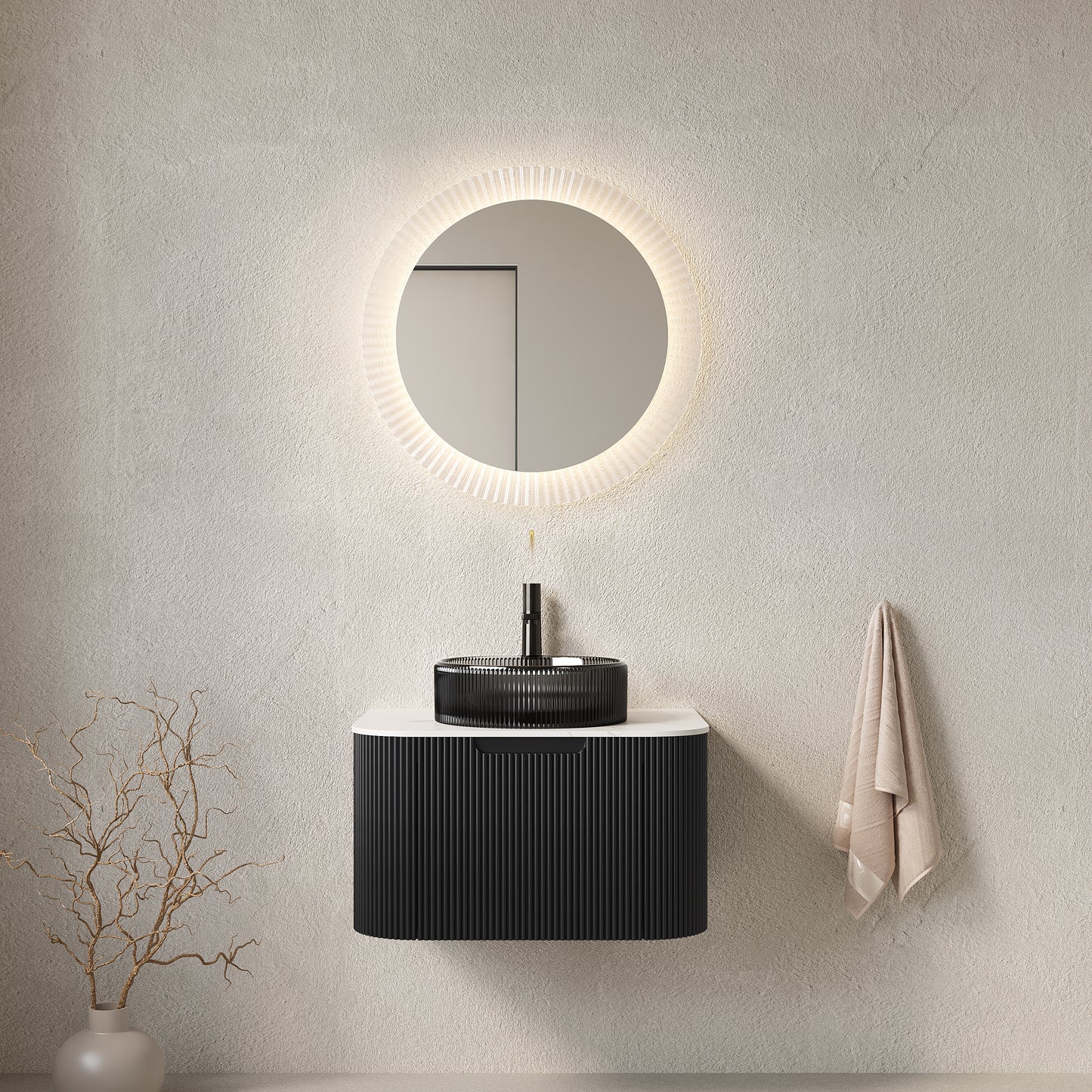 DINA 24" Bathroom Vanity with Sink, Wall-Mounted Curved Edges Striped Storage Cabinet with Drawer, Transparent Black Round Glass Basin and Countertop, Pre-assembled, Black Color