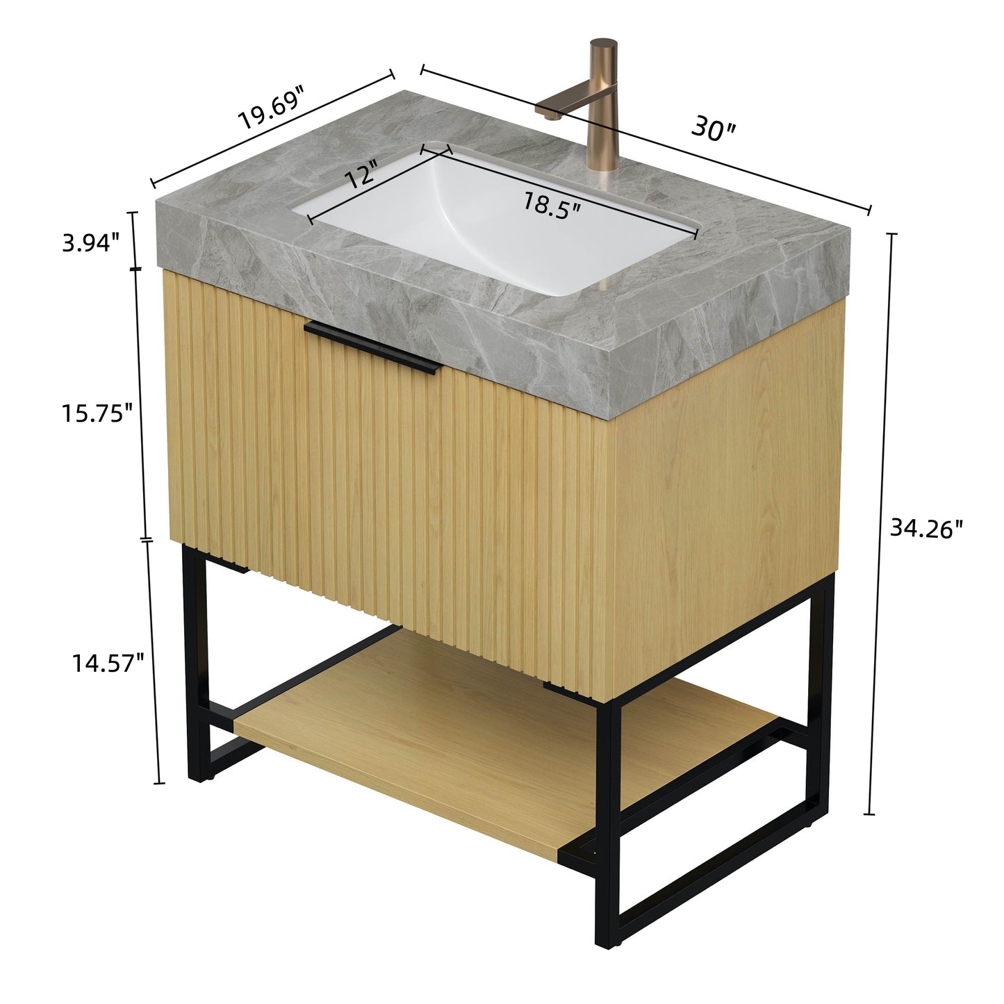 YOLAN 30" Bathroom Vanity&Sink, Freestanding Striped Plywood Storage Cabinet with Drawer&Open Shelf, Light Gray Sintered Stone Top&Undermount Ceramic Basin