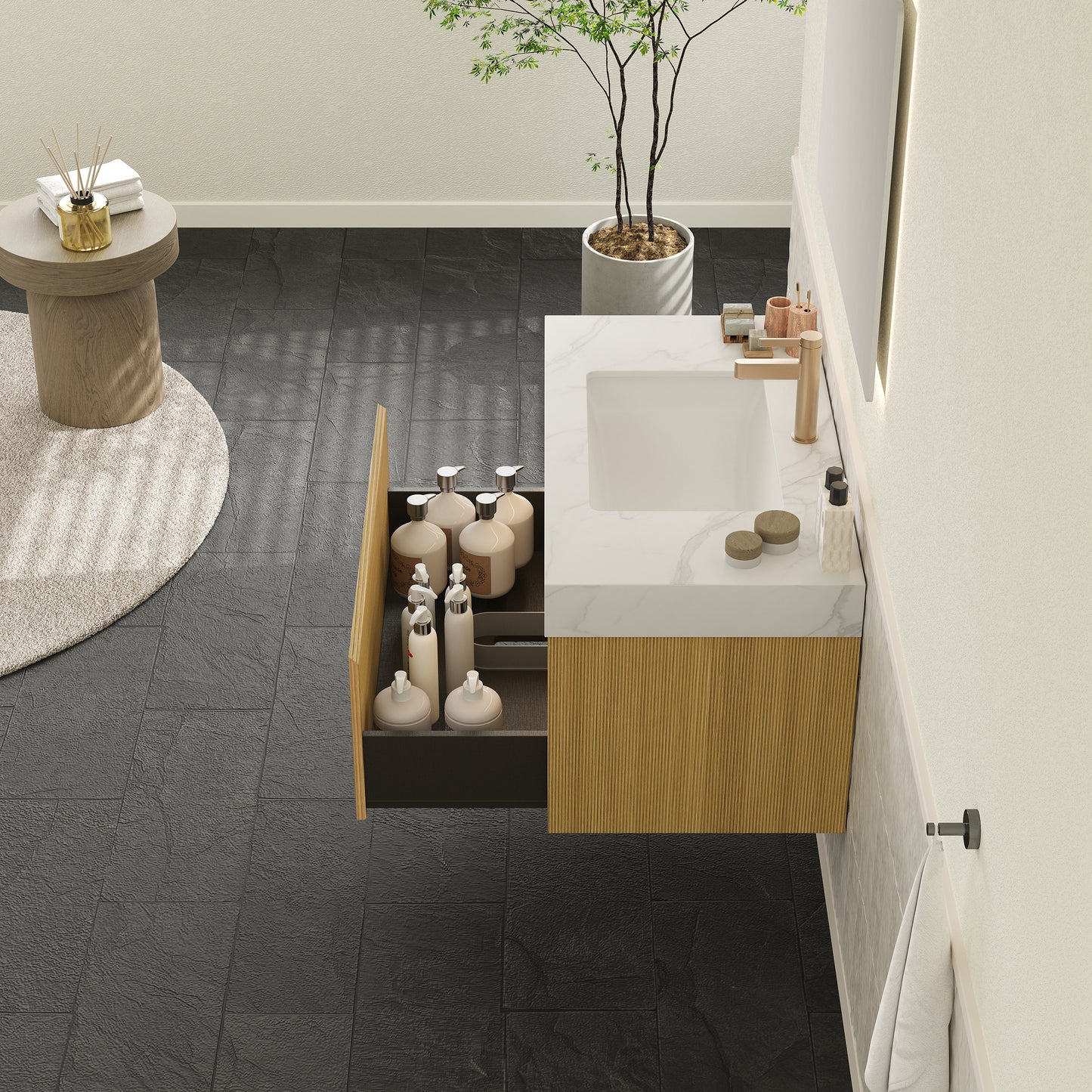 NYAH 60'' Bathroom Vanity&Sinks, Floating Ultra-Slim Grille Plywood Storage Cabinet, Carrara White