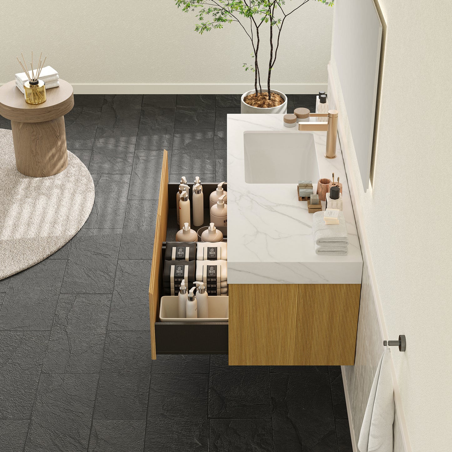 NYAH 60'' Bathroom Vanity&Sinks, Floating Ultra-Slim Grille Plywood Storage Cabinet, Carrara White