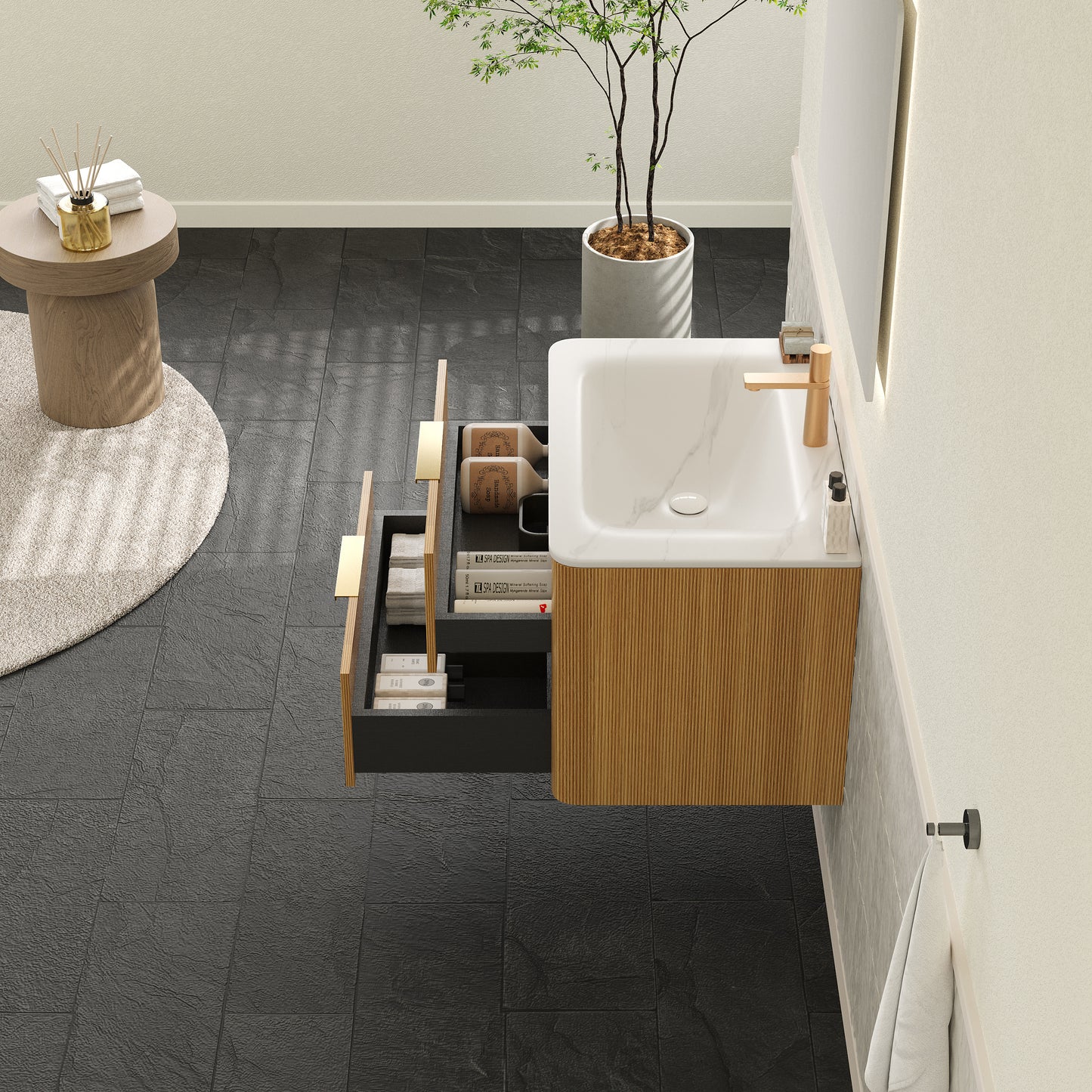 ZANE 36" Badezimmer-Waschtisch mit Waschbecken, schwebender Aufbewahrungsschrank aus Sperrholz mit ultra-Nadelstreifen und Schubladen, helle natürliche Holzmaserung