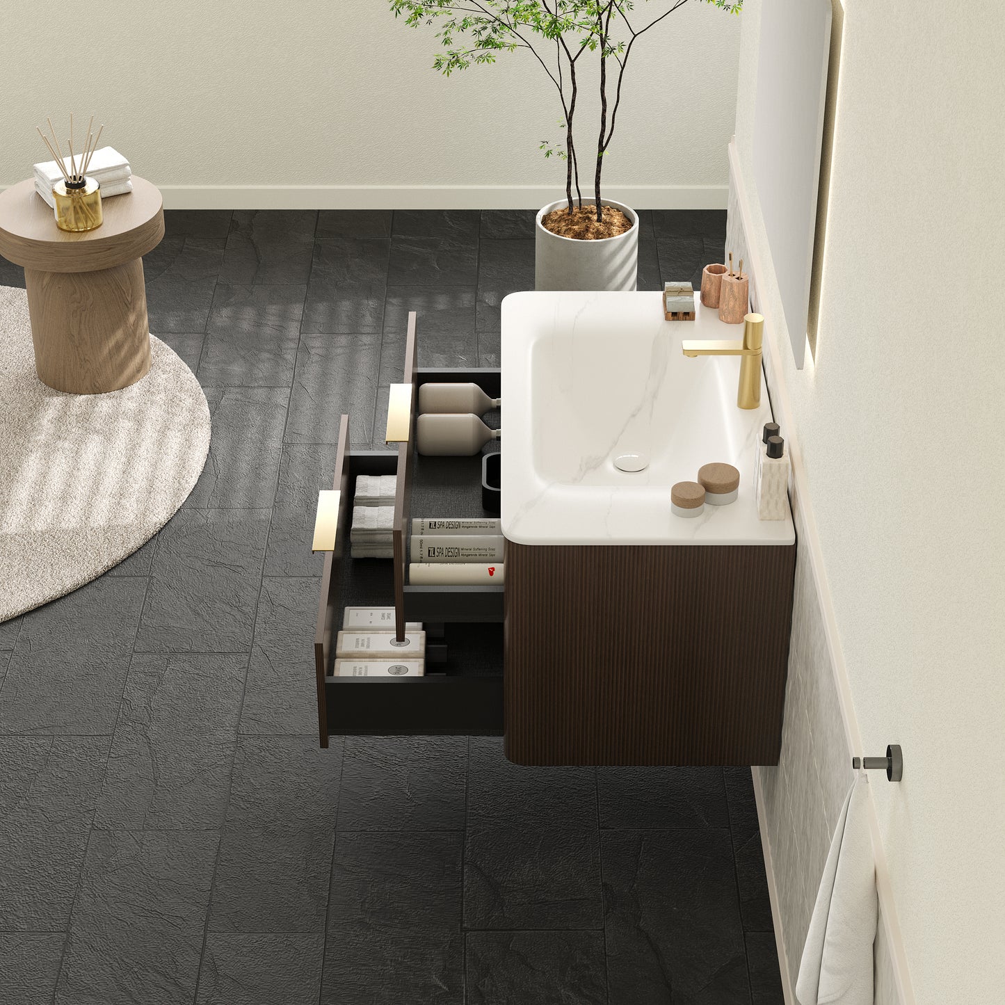 ZANE 30 Badezimmer-Waschtisch mit Waschbecken, schwebender Aufbewahrungsschrank aus Sperrholz mit ultra-Nadelstreifen und Schubladen, italienische Walnussholzmaserung