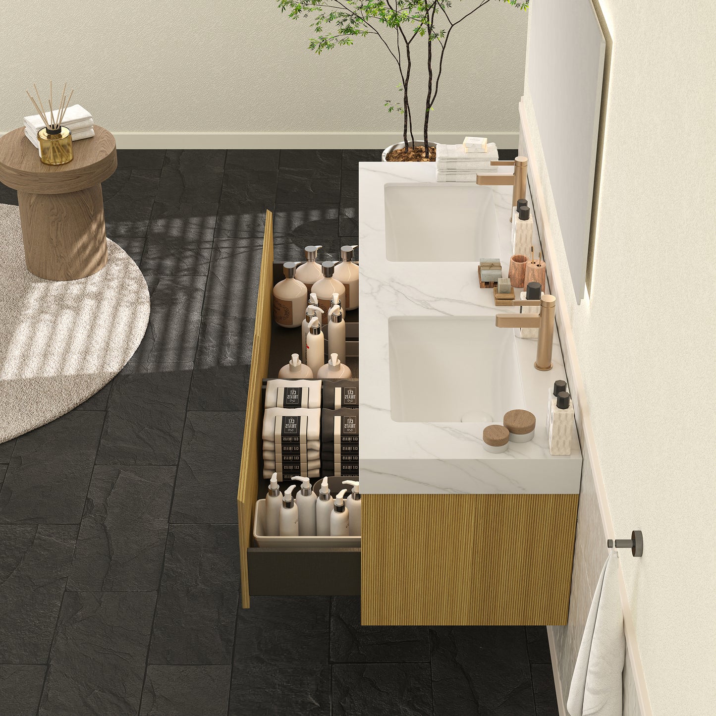 NYAH 60'' Bathroom Vanity&Sinks, Floating Ultra-Slim Grille Plywood Storage Cabinet, Carrara White