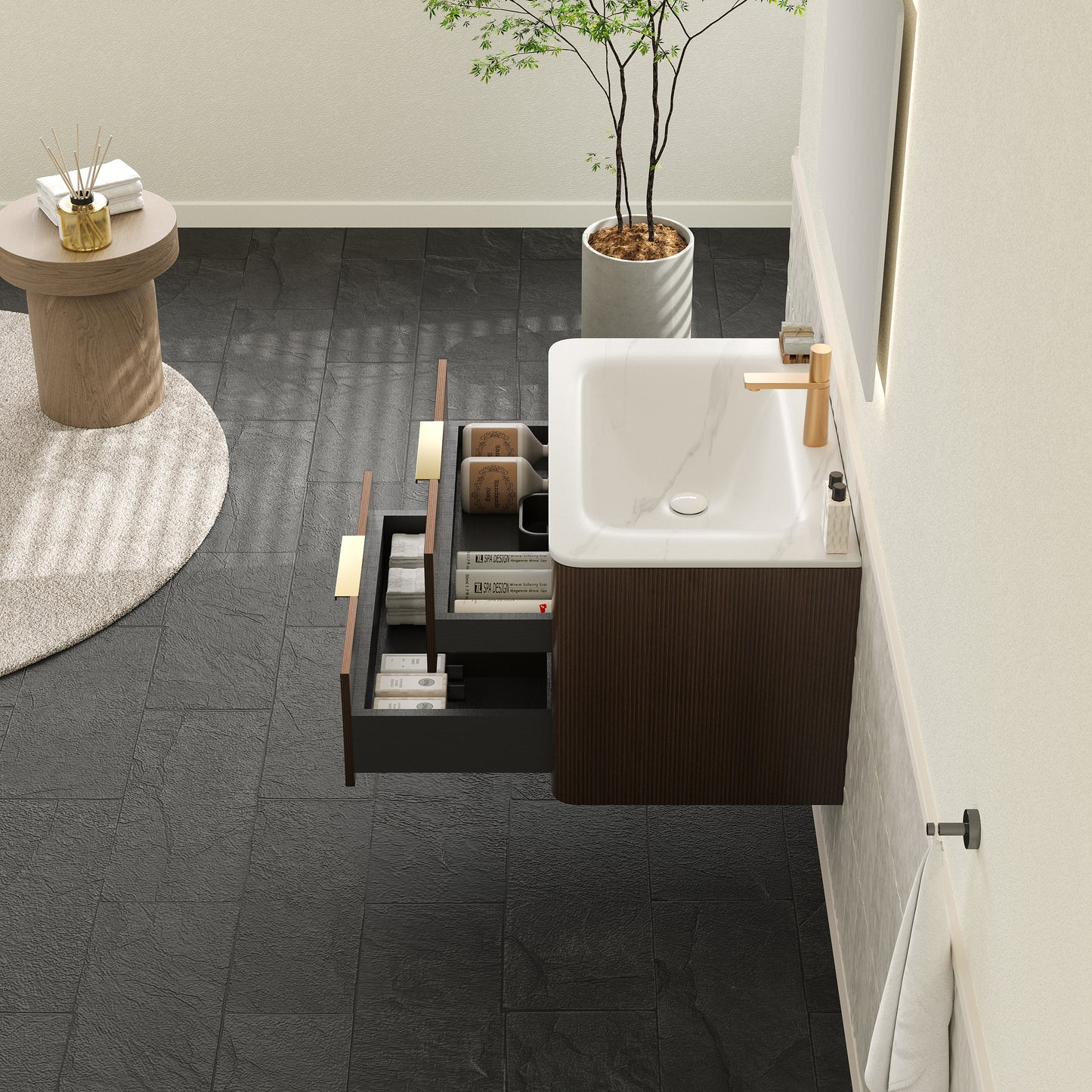 ZANE 30 Badezimmer-Waschtisch mit Waschbecken, schwebender Aufbewahrungsschrank aus Sperrholz mit ultra-Nadelstreifen und Schubladen, italienische Walnussholzmaserung