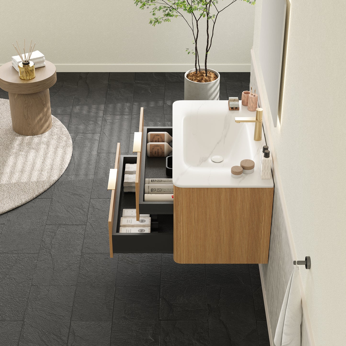 ZANE 36" Badezimmer-Waschtisch mit Waschbecken, schwebender Aufbewahrungsschrank aus Sperrholz mit ultra-Nadelstreifen und Schubladen, helle natürliche Holzmaserung