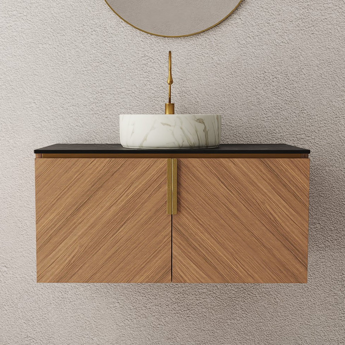 ARAI 36" Bathroom Vanity&Sink, Wall-Mounted Plywood Bathroom Storage Cabinet with Double Doors, Black Sintered Stone Countertop&White Round Ceramic Basin with Stone Pattern, Brown Oak Woodgrain Color