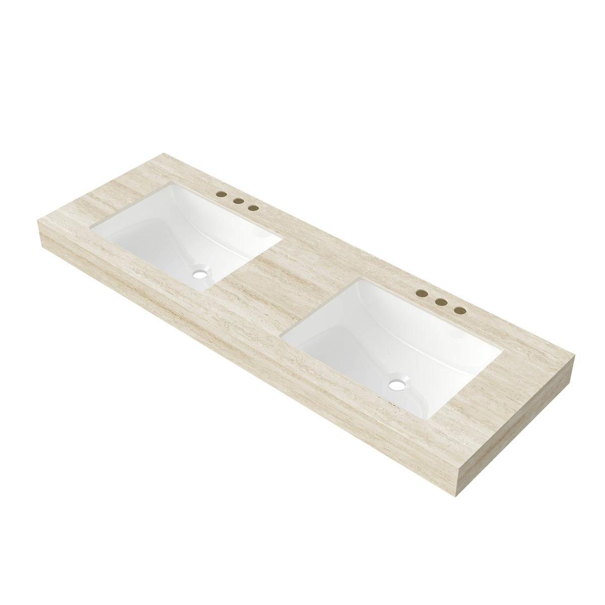 MURI Roma Travertine-Pattern Sintered Stone Countertop and 2 Undermount Ceramic Basins Three Standard Pre-drilled Faucet Holes, NO Cabinet, NO Faucet and Sink Cover