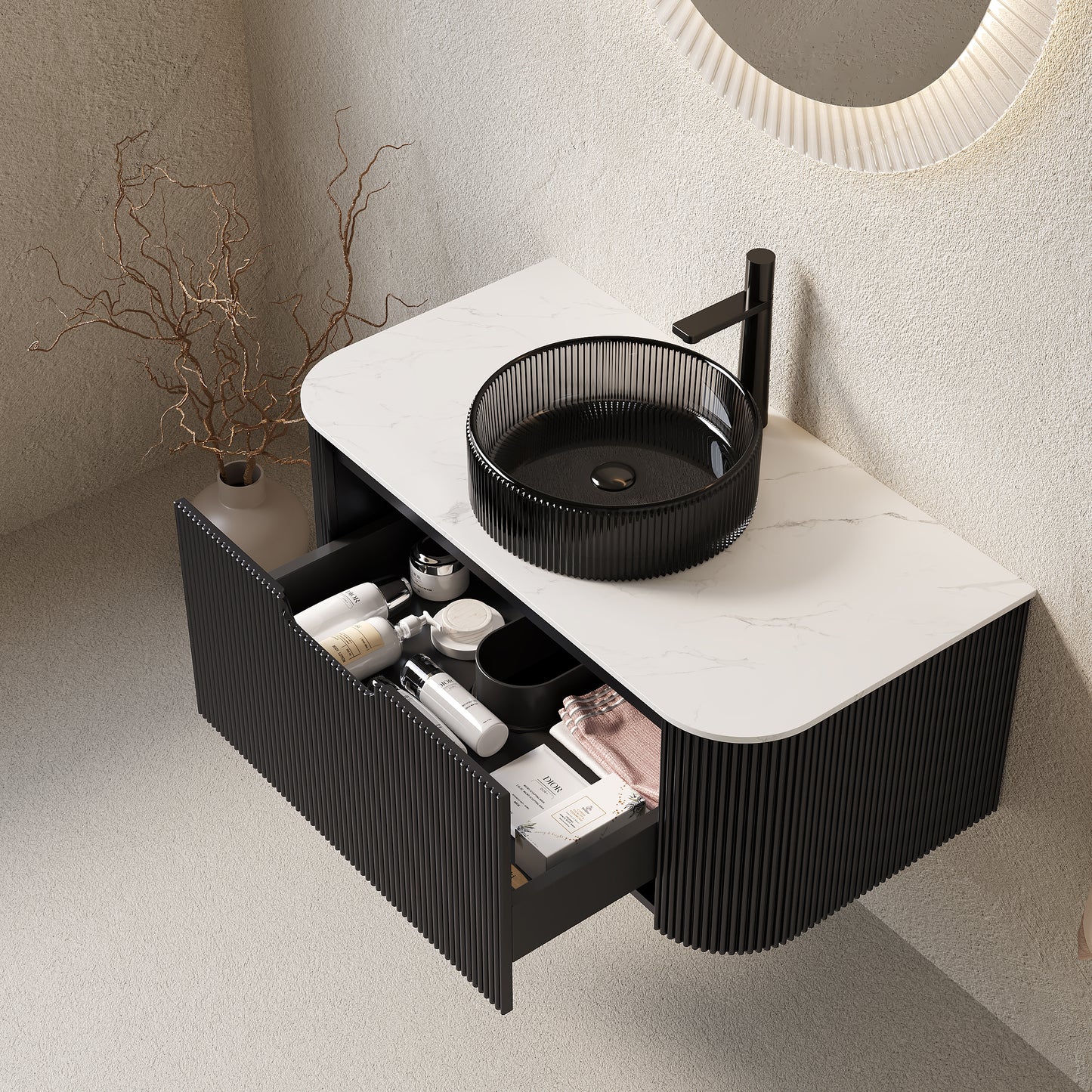 DINA 24" Bathroom Vanity with Sink, Wall-Mounted Curved Edges Striped Storage Cabinet with Drawer, Transparent Black Round Glass Basin and Countertop, Pre-assembled, Black Color