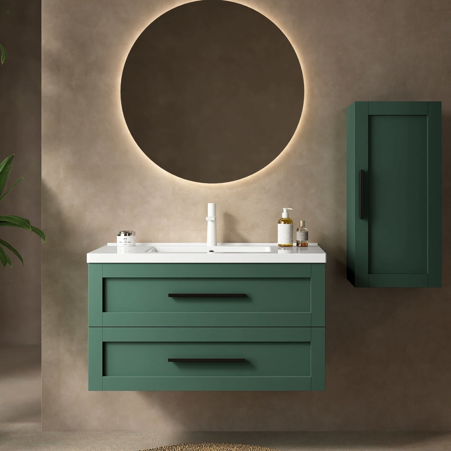 JODI Bathroom Vanity with Sink, Modern Wall-Mounted Floating Bathroom Storage Cabinet with 2 Drawers (NO side cabinet), White Ceramic Basin without Faucet, Green