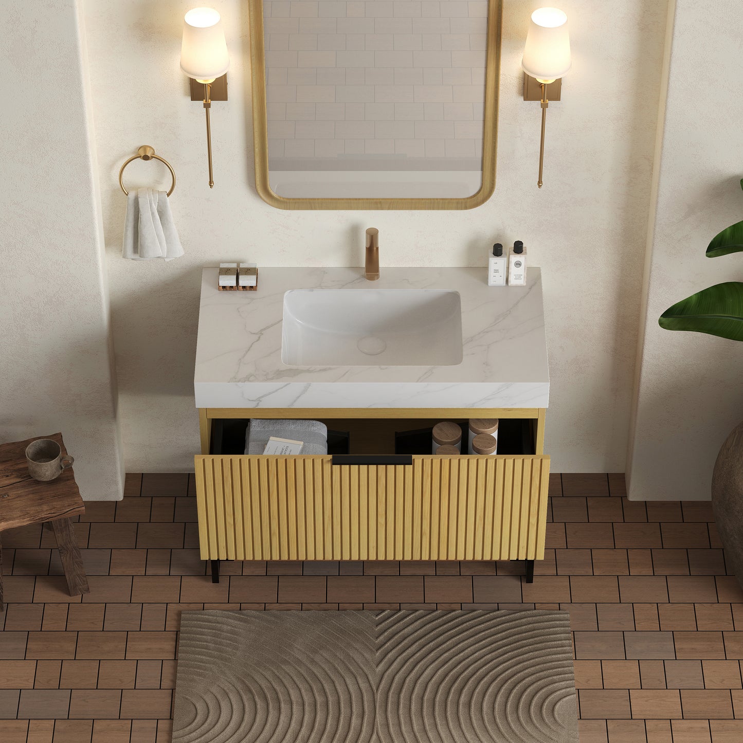 YOLAN 36" Badezimmer-Waschtisch und Waschbecken, freistehender gestreifter Sperrholz-Aufbewahrungsschrank mit Schublade und offenem Regal, Carrara-Weiß, Corolla-Eiche 