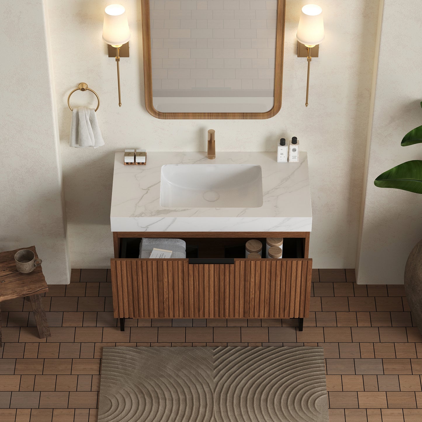 YOLAN 36" Badezimmer-Waschtisch und Waschbecken, freistehender gestreifter Sperrholz-Aufbewahrungsschrank mit Schublade und offenem Regal, Carrara-Weiß,