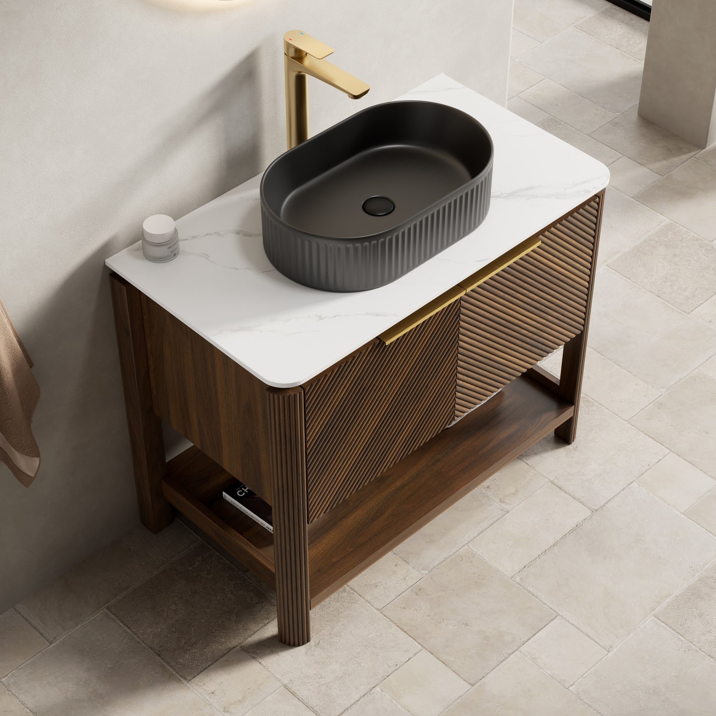 INDIGO 36" Bathroom Vanity&Sink, Freestanding Plywood Storage Cabinet with 2 Diagonal Striped Doors&Open Shelf, Black Striped Oval Ceramic Basin&Carrara White Sintered Stone Top, Dark Walnut Woodgrain