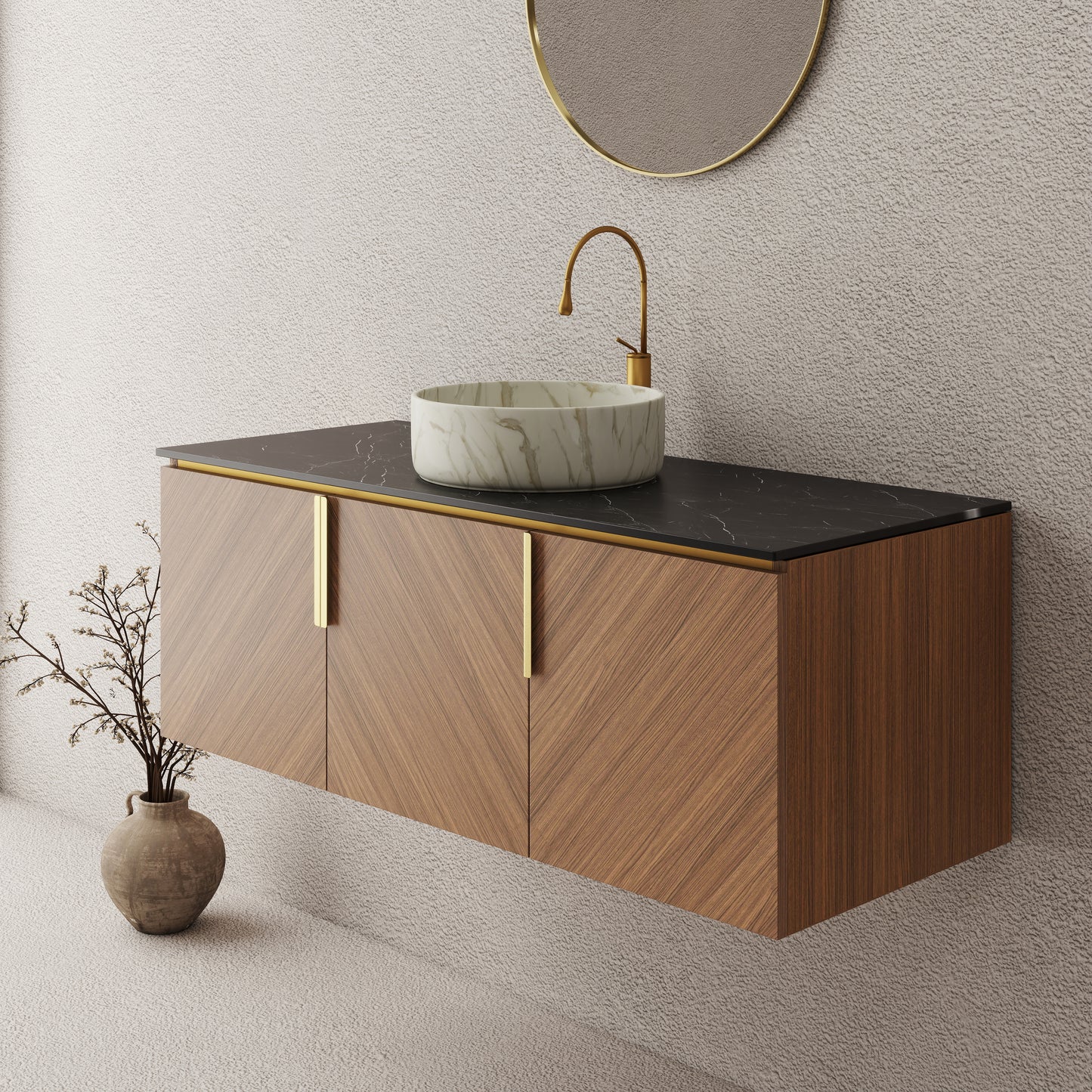 ARAI 36" Bathroom Vanity&Sink, Wall-Mounted Plywood Bathroom Storage Cabinet with Double Doors, Black Sintered Stone Countertop&White Round Ceramic Basin with Stone Pattern, Brown Oak Woodgrain Color
