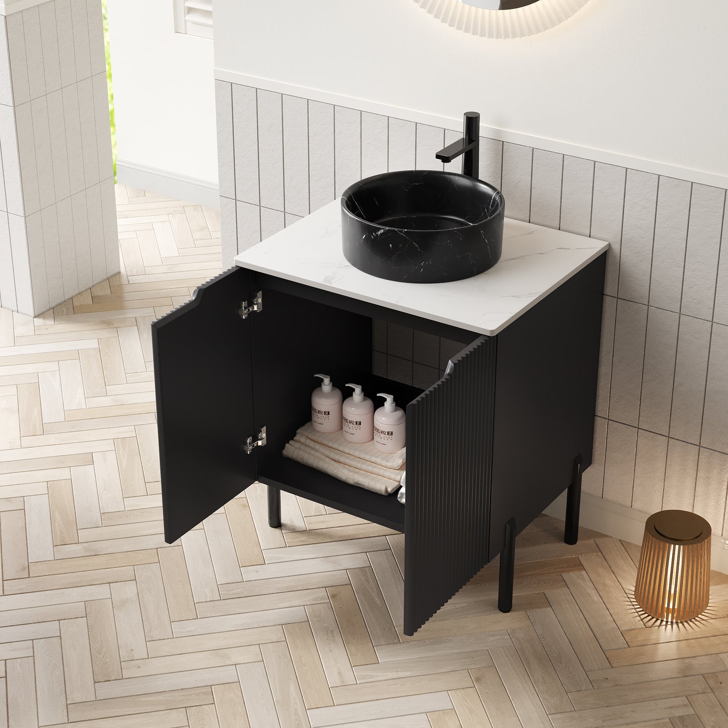 TURIO 24" Bathroom Vanity with Sink, Freestanding Bathroom Storage Cabinet with 2 Doors, Transparent Black Round Glass Basin and Carrara White Sintered Stone Countertop, No Faucet, Black Color