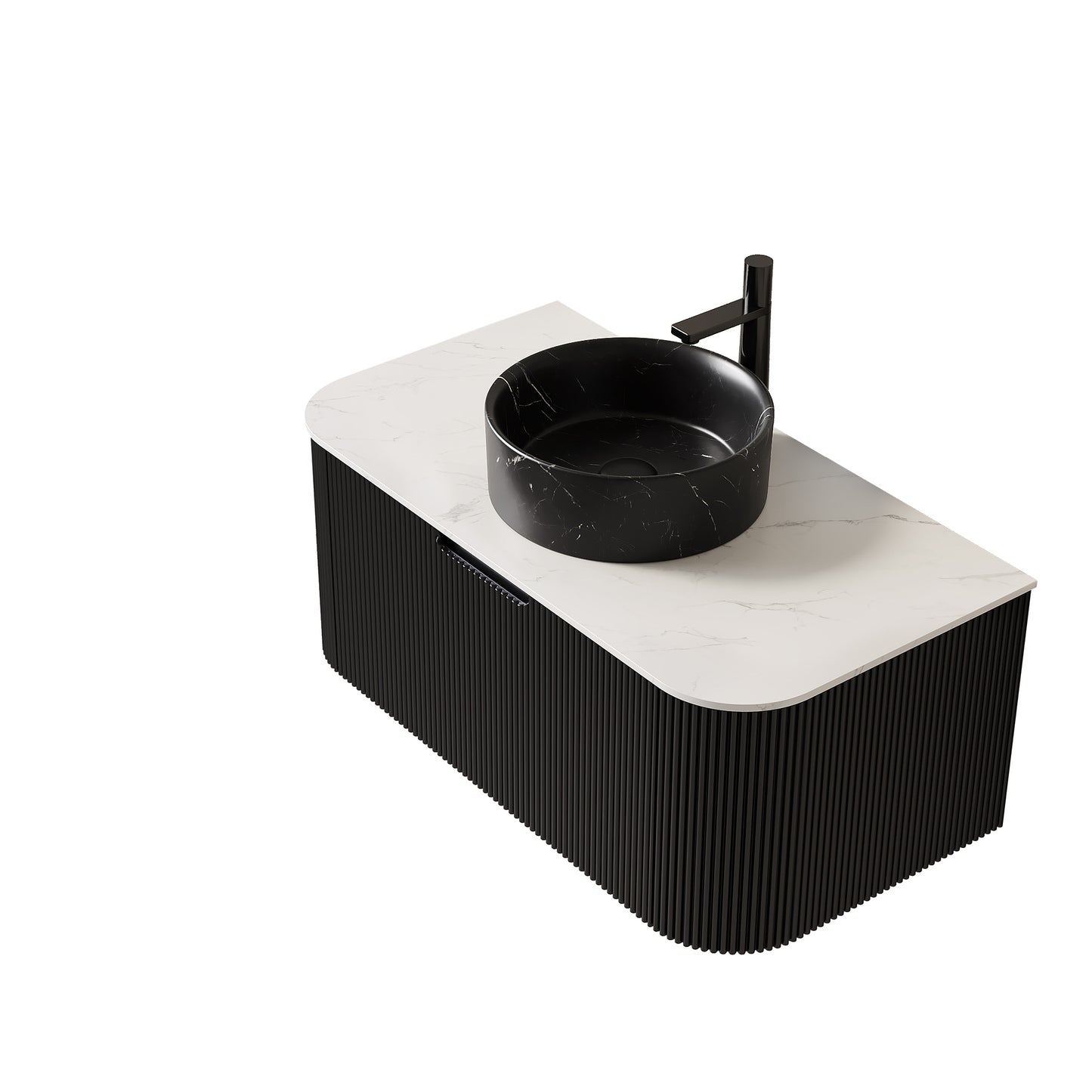 DINA 60" Bathroom Vanity&Sinks, Floating Curved Edges Striped Storage Cabinet with 2 Drawers, 2 Stone Black Round Ceramic Basins&Carrara White Sintered Stone Top, Pre-assembled, Black Color