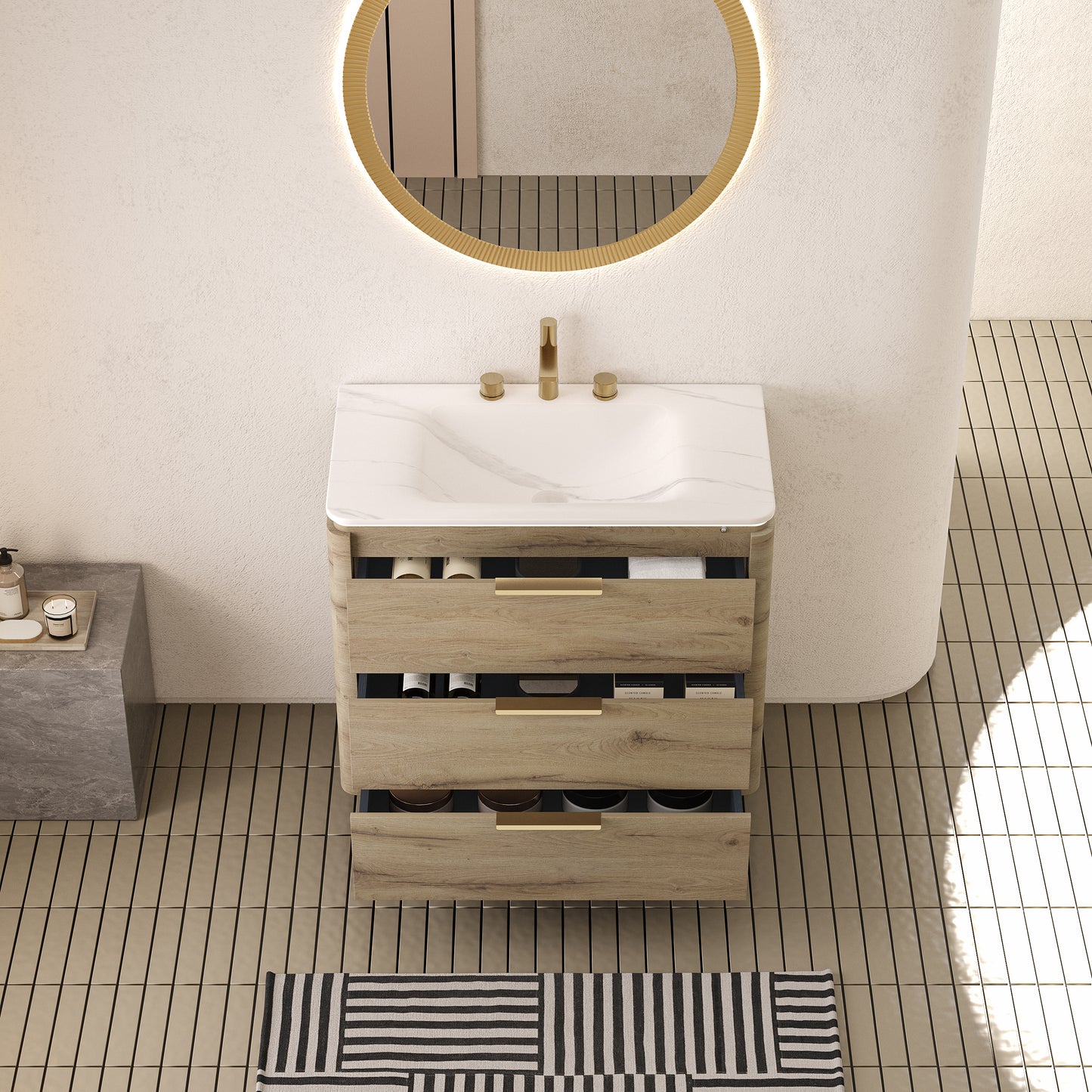 AMARA 36'' Bathroom Vanity with Sink, Freestanding Curved Edges Plywood Bathroom Storage Cabinet with 3 Drawers, Carrara White Sintered Stone Integrated Basin,