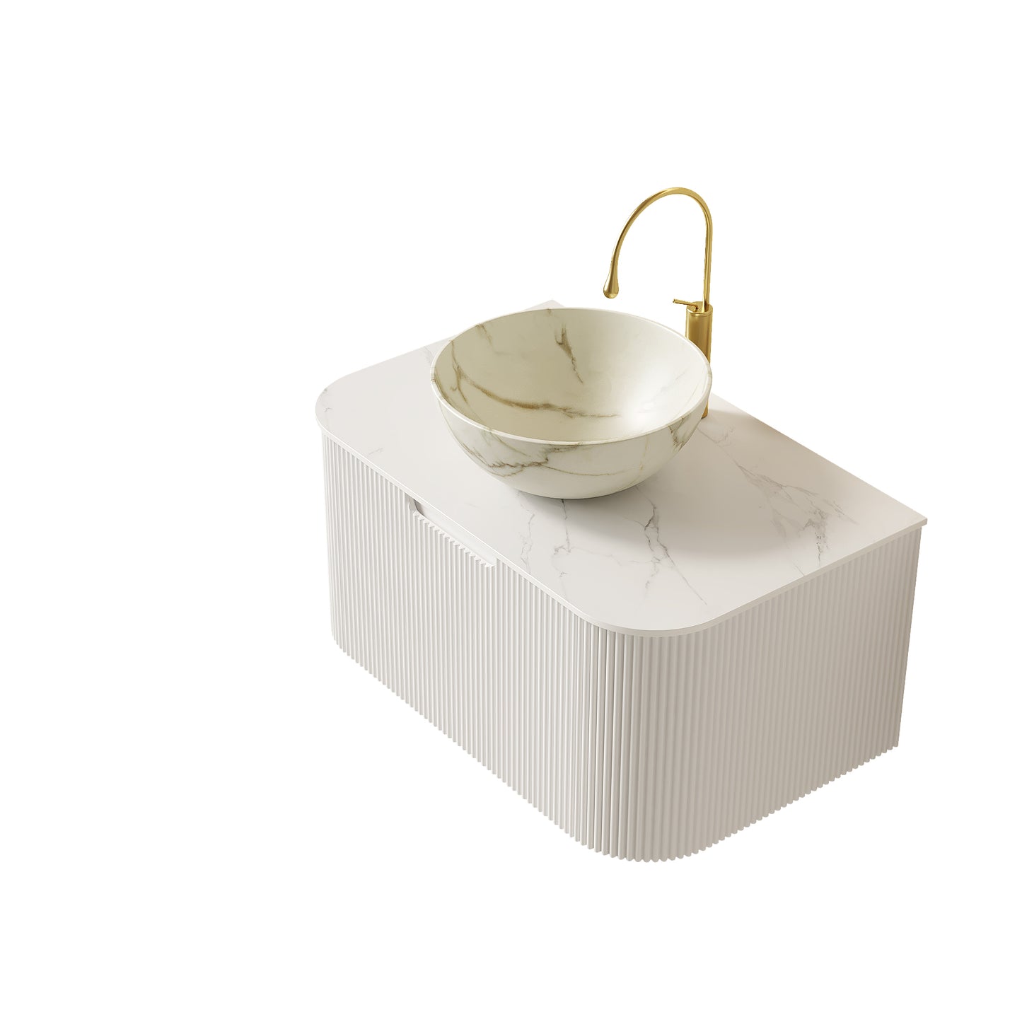 DINA 24" Bathroom Vanity&Sink, Floating Curved Edges Striped Storage Cabinet with Drawer, Matte Stone White Bowl Ceramic Basin&Carrara White Sintered Stone Top, Pre-assembled, White Color
