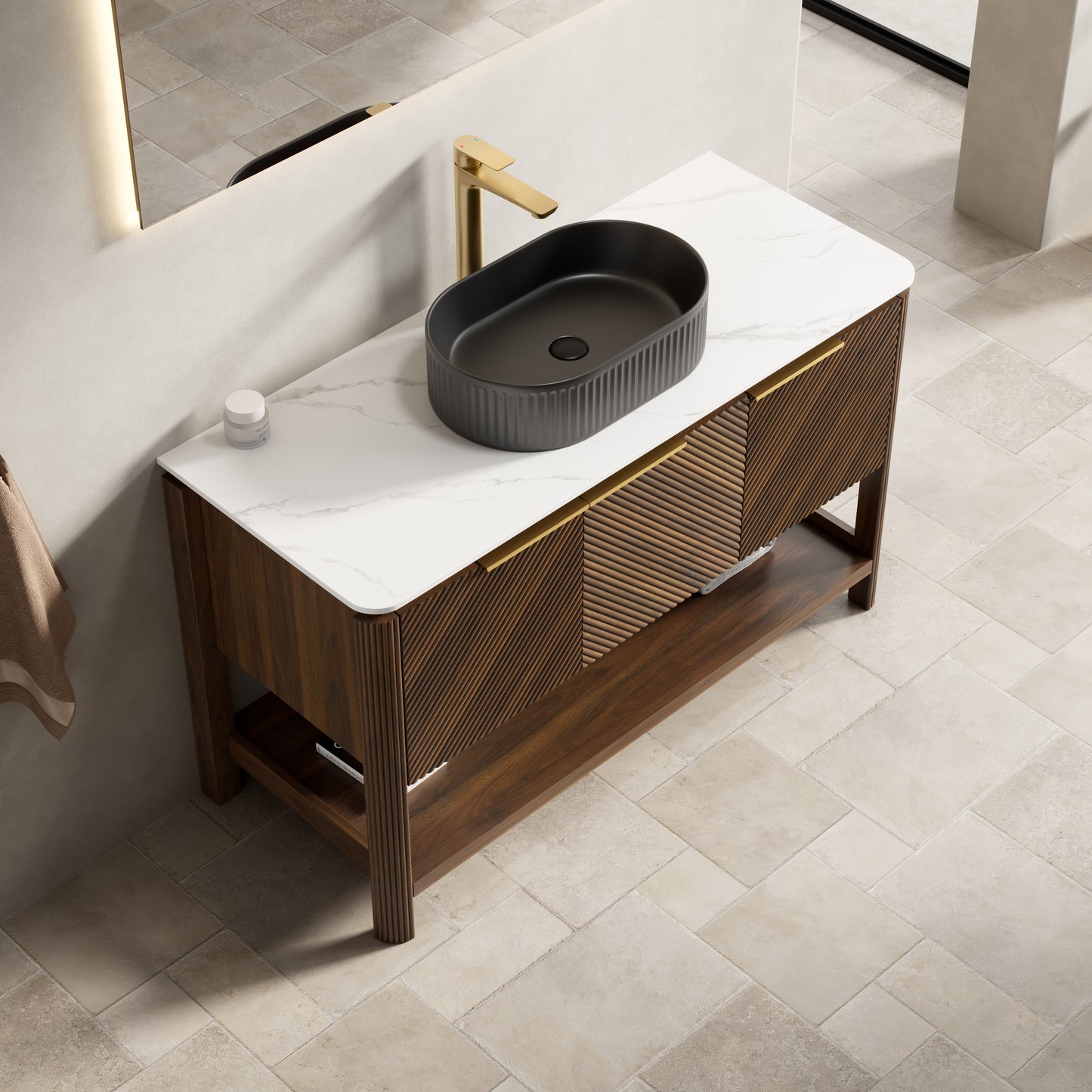 INDIGO 36" Bathroom Vanity&Sink, Freestanding Plywood Storage Cabinet with 2 Diagonal Striped Doors&Open Shelf, Black Striped Oval Ceramic Basin&Carrara White Sintered Stone Top, Dark Walnut Woodgrain