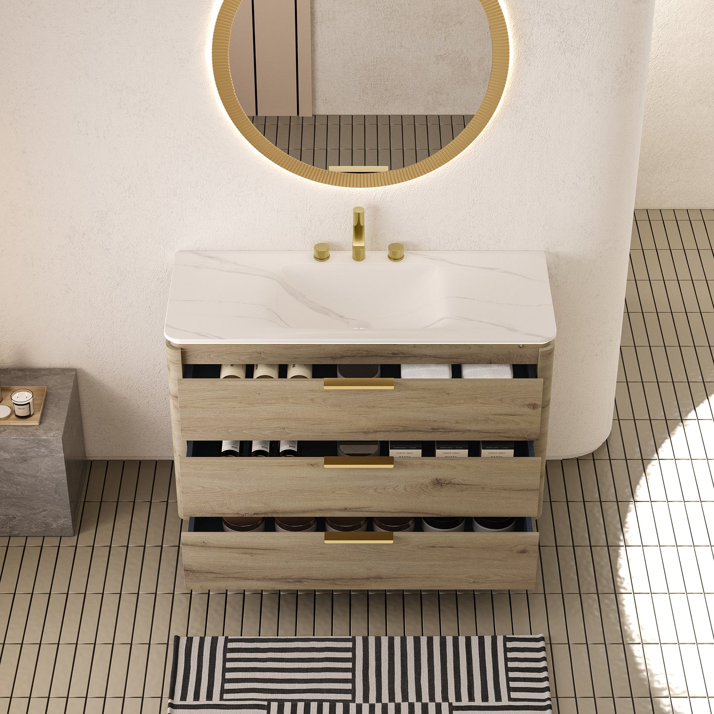 AMARA 36'' Bathroom Vanity with Sink, Freestanding Curved Edges Plywood Bathroom Storage Cabinet with 3 Drawers, Carrara White Sintered Stone Integrated Basin,