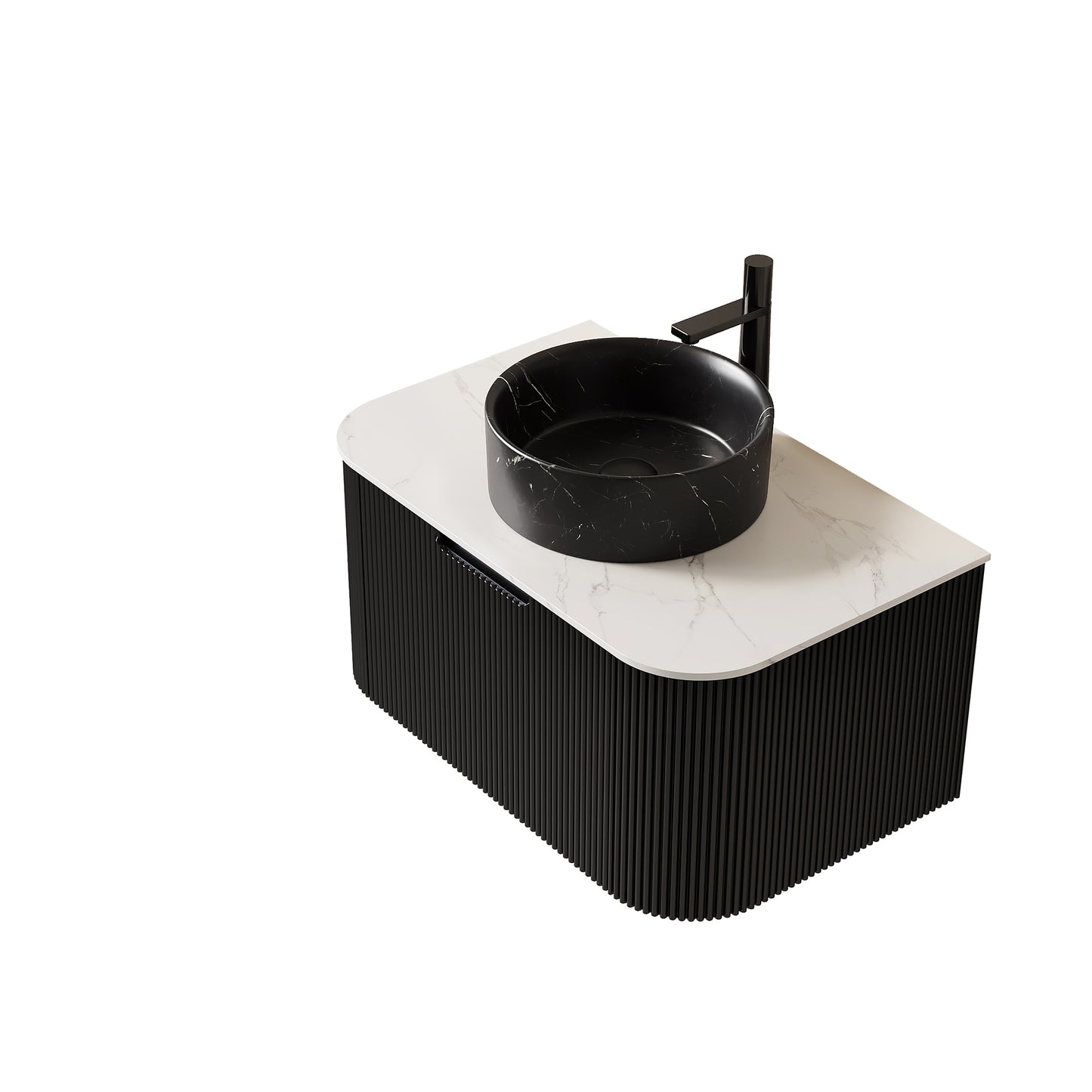 DINA 60" Bathroom Vanity&Sinks, Floating Curved Edges Striped Storage Cabinet with 2 Drawers, 2 Stone Black Round Ceramic Basins&Carrara White Sintered Stone Top, Pre-assembled, Black Color