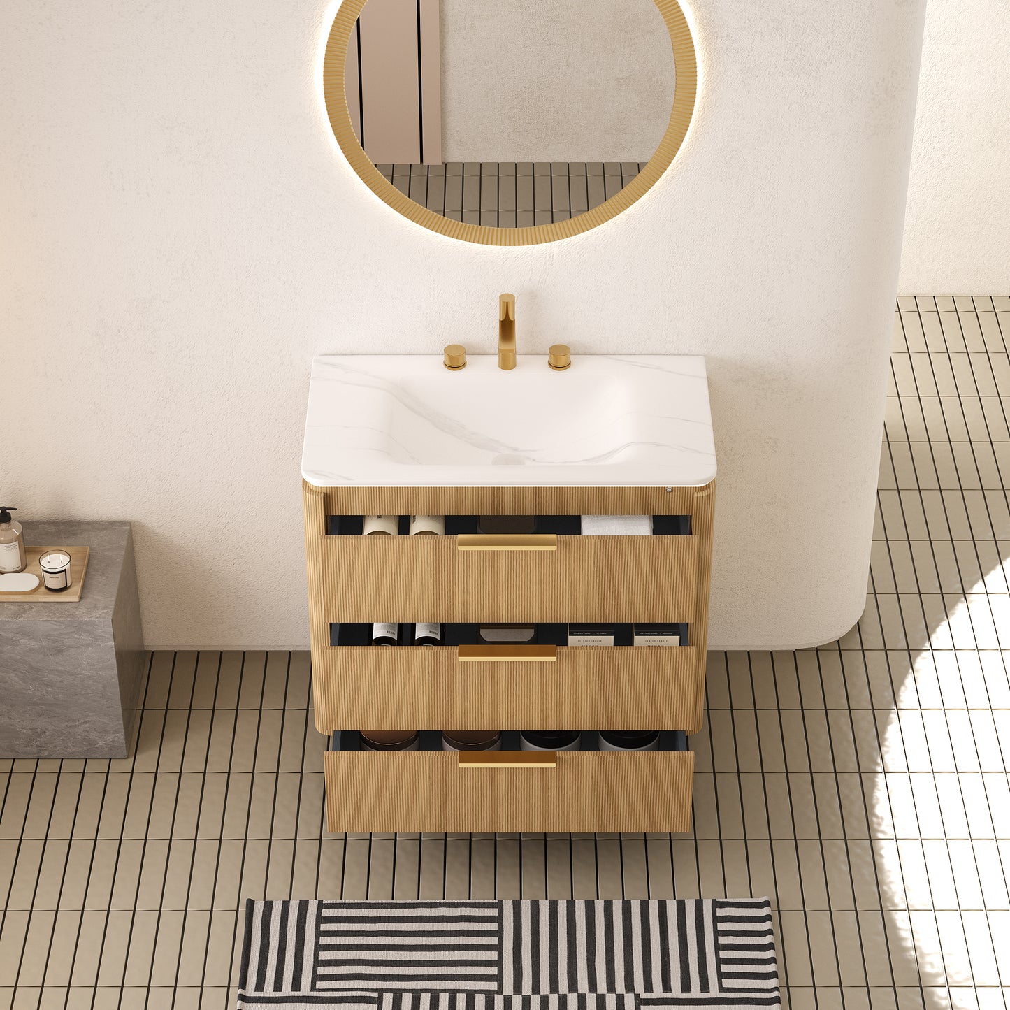 AMARA 36'' Bathroom Vanity&Sink, Freestanding Curved Edges Ultra-Slim Grille Plywood Storage Cabinet, 3 Drawers, Carrara White Sintered Stone Integrated Basin