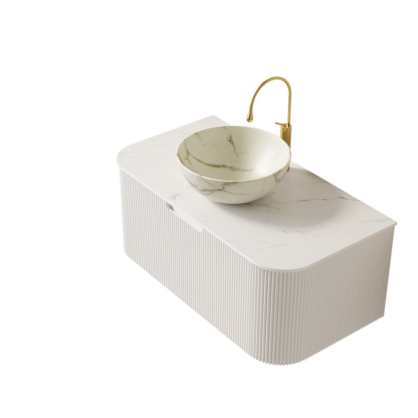 DINA 24" Bathroom Vanity&Sink, Floating Curved Edges Striped Storage Cabinet with Drawer, Matte Stone White Bowl Ceramic Basin&Carrara White Sintered Stone Top, Pre-assembled, White Color