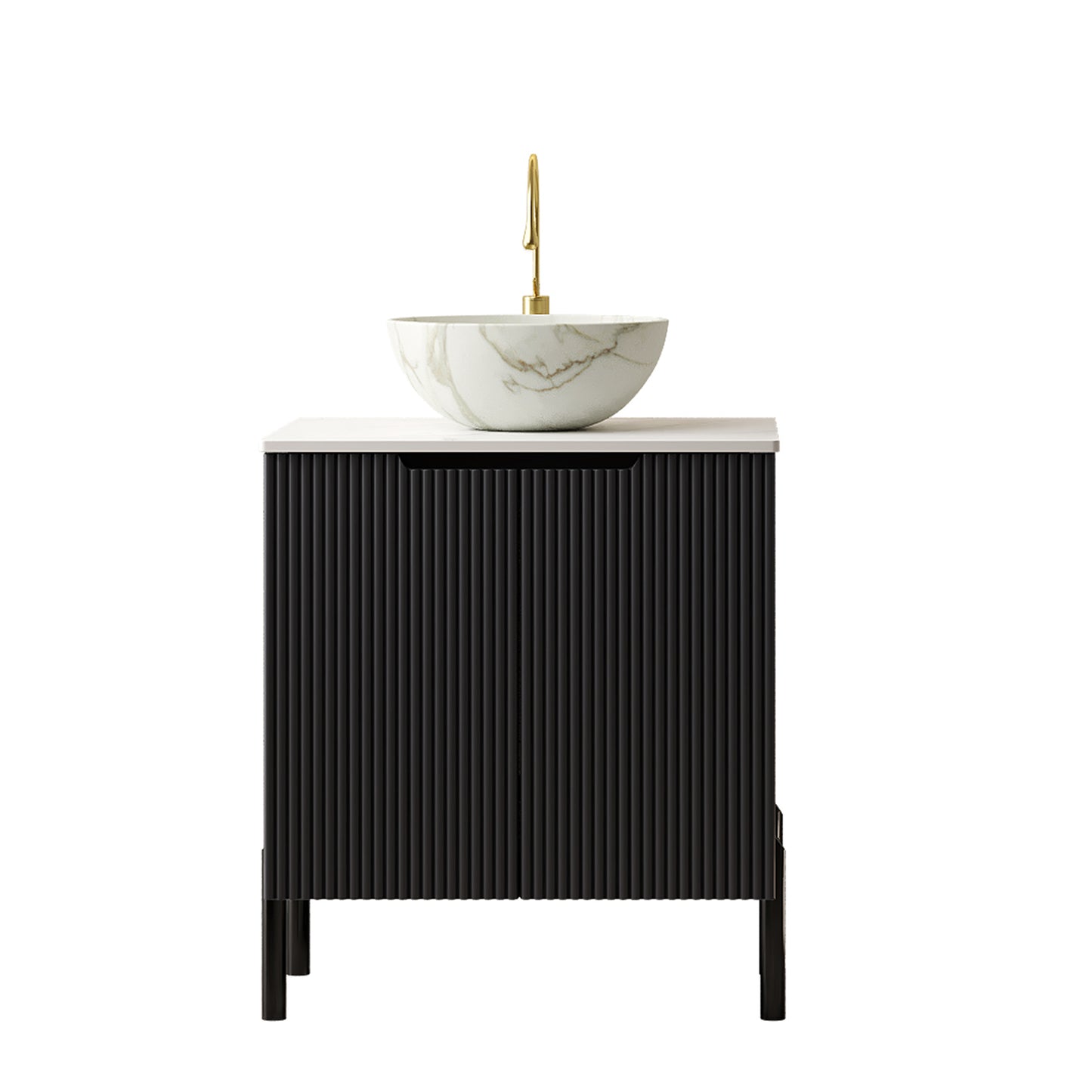 TURIO 24" Bathroom Vanity with Sink, Freestanding Bathroom Storage Cabinet with 2 Doors, Transparent Black Round Glass Basin and Carrara White Sintered Stone Countertop, No Faucet, Black Color