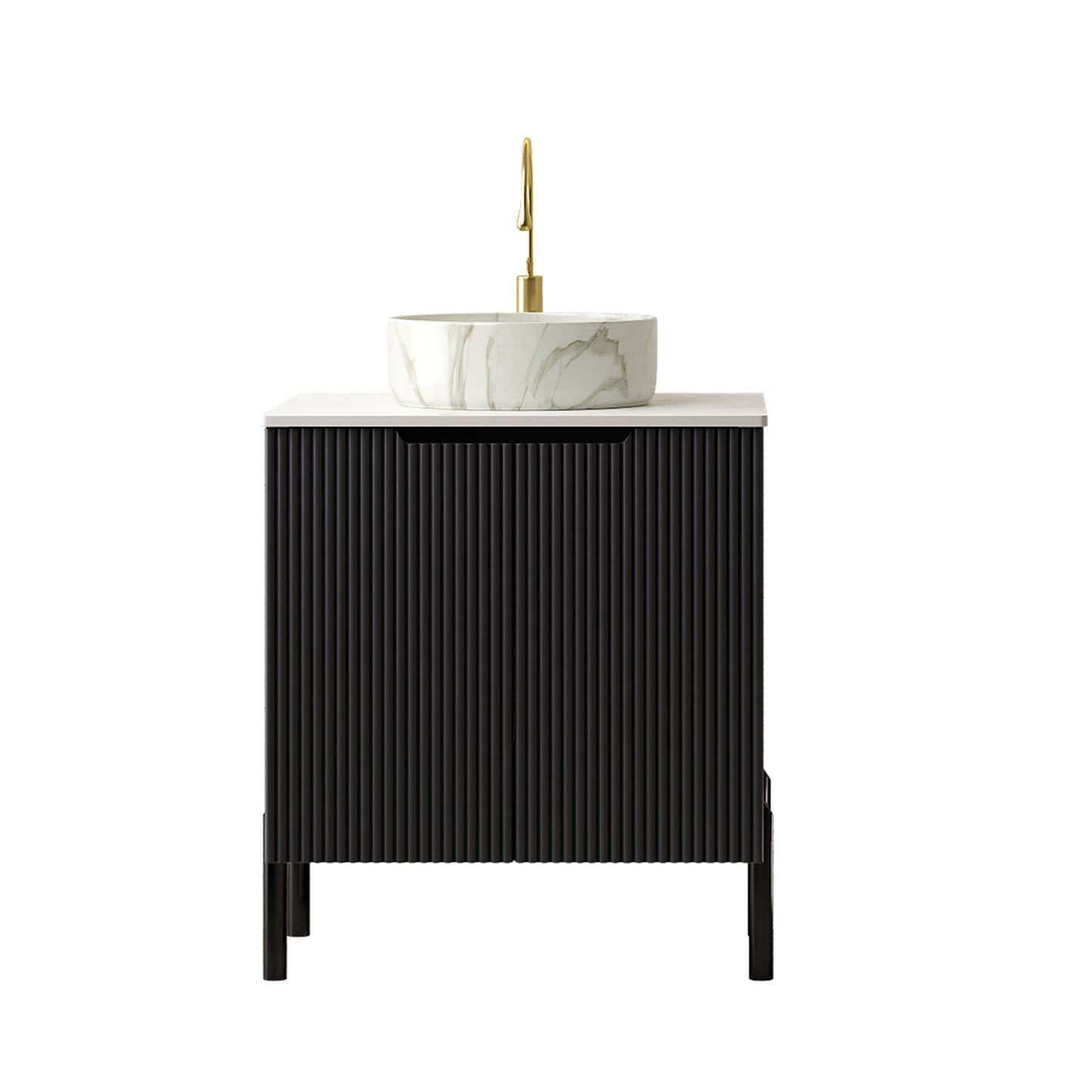 TURIO 24" Bathroom Vanity with Sink, Freestanding Bathroom Storage Cabinet with 2 Doors, Transparent Black Round Glass Basin and Carrara White Sintered Stone Countertop, No Faucet, Black Color