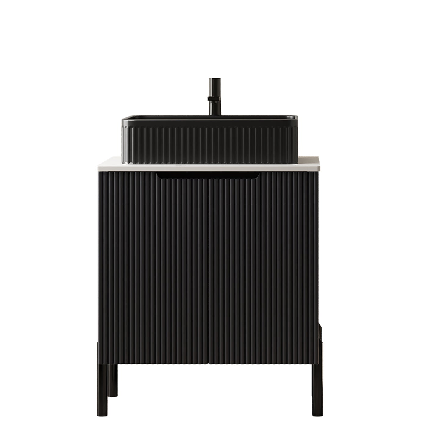 TURIO 24" Bathroom Vanity with Sink, Freestanding Bathroom Storage Cabinet with 2 Doors, Transparent Black Round Glass Basin and Carrara White Sintered Stone Countertop, No Faucet, Black Color