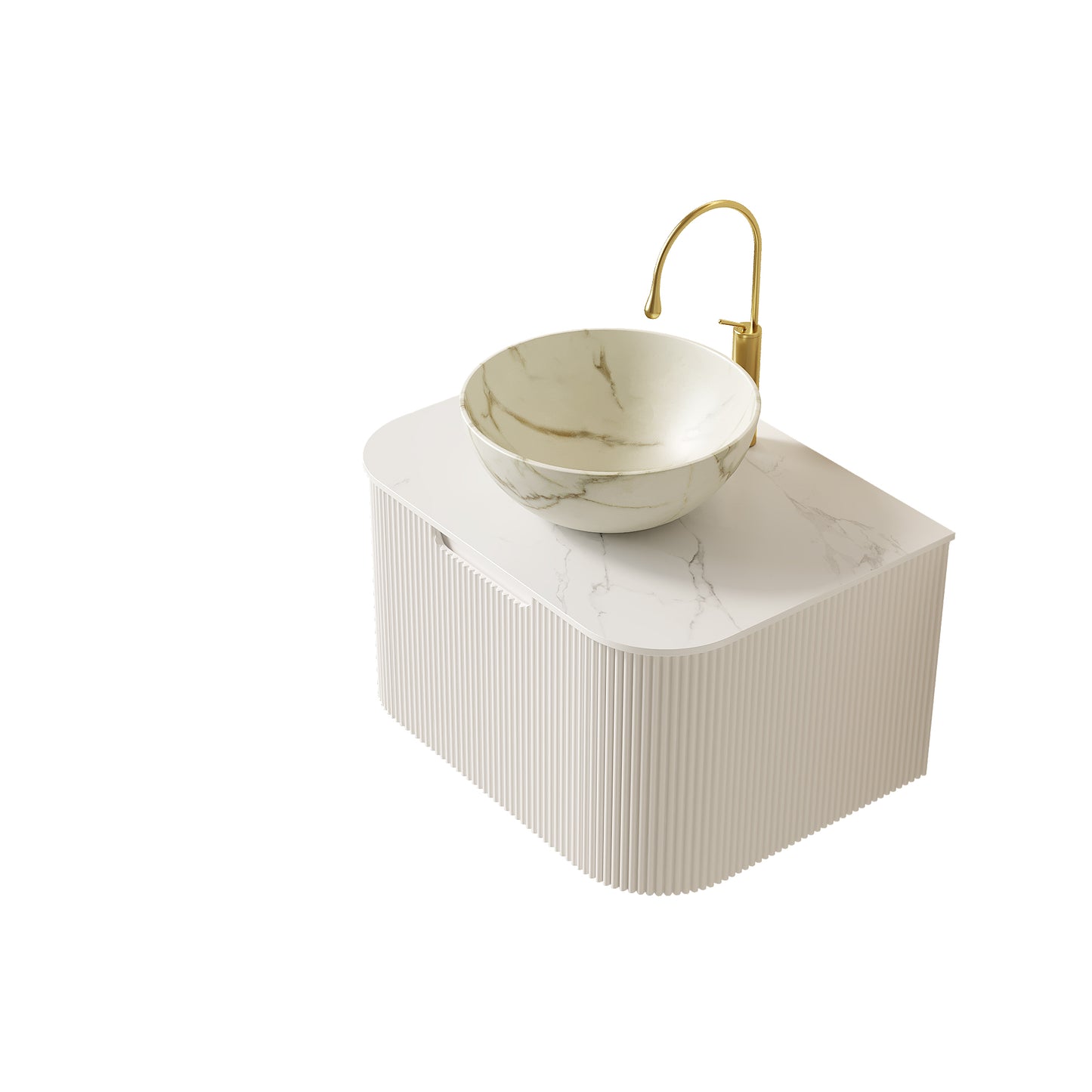 DINA 24" Bathroom Vanity&Sink, Floating Curved Edges Striped Storage Cabinet with Drawer, Matte Stone White Bowl Ceramic Basin&Carrara White Sintered Stone Top, Pre-assembled, White Color